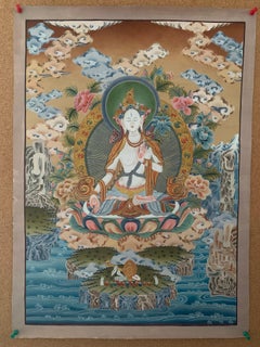 Vintage Unframed Hand Painted White Tara Thangka on Canvas with 24K Gold