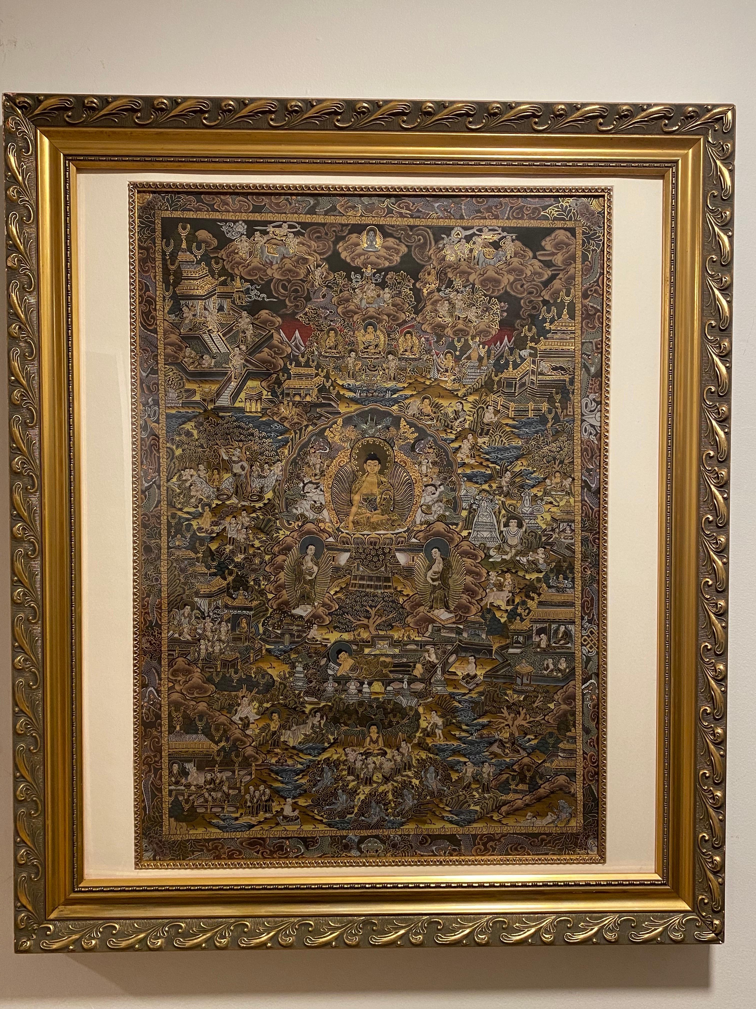 Unknown Figurative Painting – Gerahmte handbemalte Lebensgeschichte des Buddha Thangka auf Leinwand 24k Gold, Buddha Thangka
