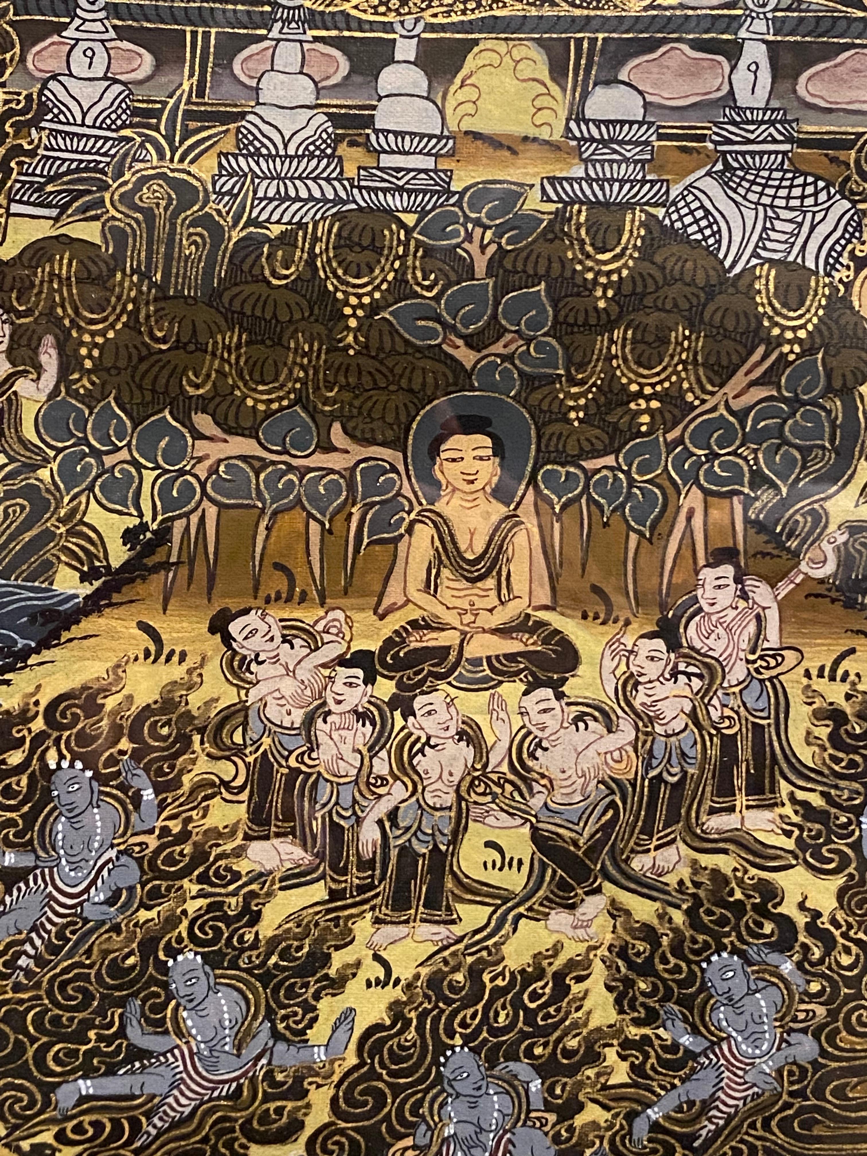 Gerahmte handbemalte Lebensgeschichte des Buddha Thangka auf Leinwand 24k Gold, Buddha Thangka im Angebot 15