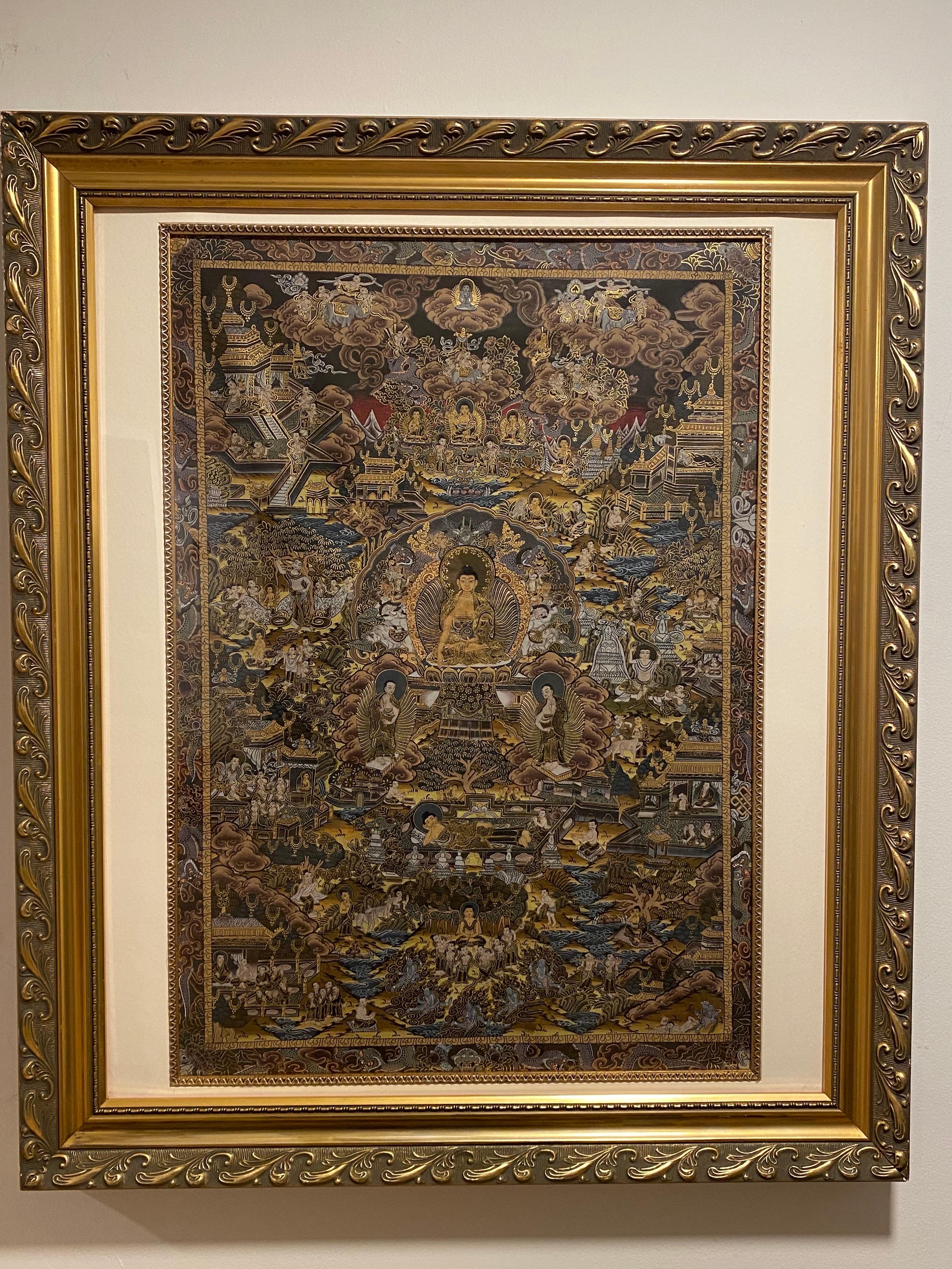 Gerahmte handbemalte Lebensgeschichte des Buddha Thangka auf Leinwand 24k Gold, Buddha Thangka – Painting von Unknown