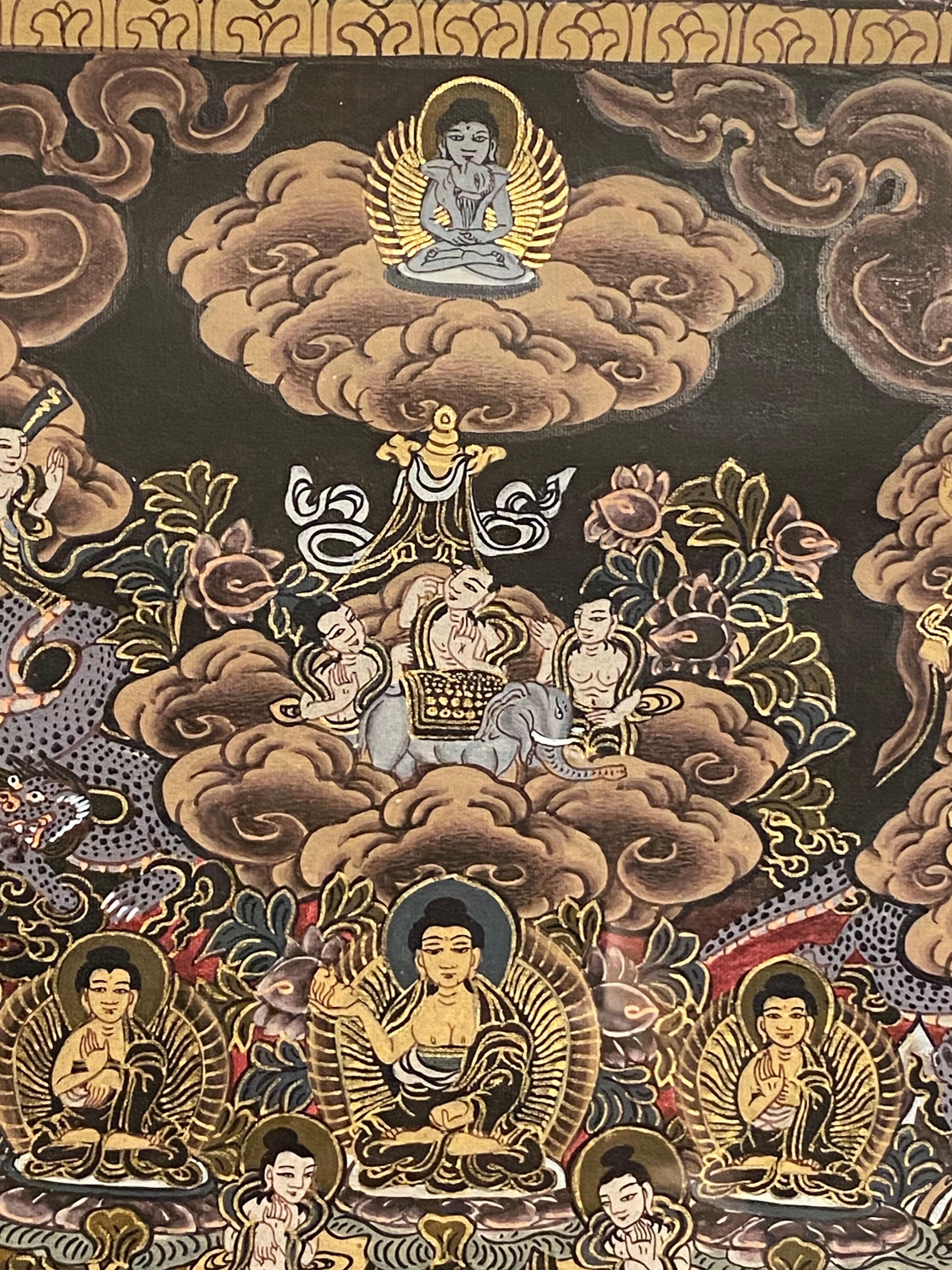 Gerahmte handbemalte Lebensgeschichte des Buddha Thangka auf Leinwand 24k Gold, Buddha Thangka (Sonstige Kunststile), Painting, von Unknown