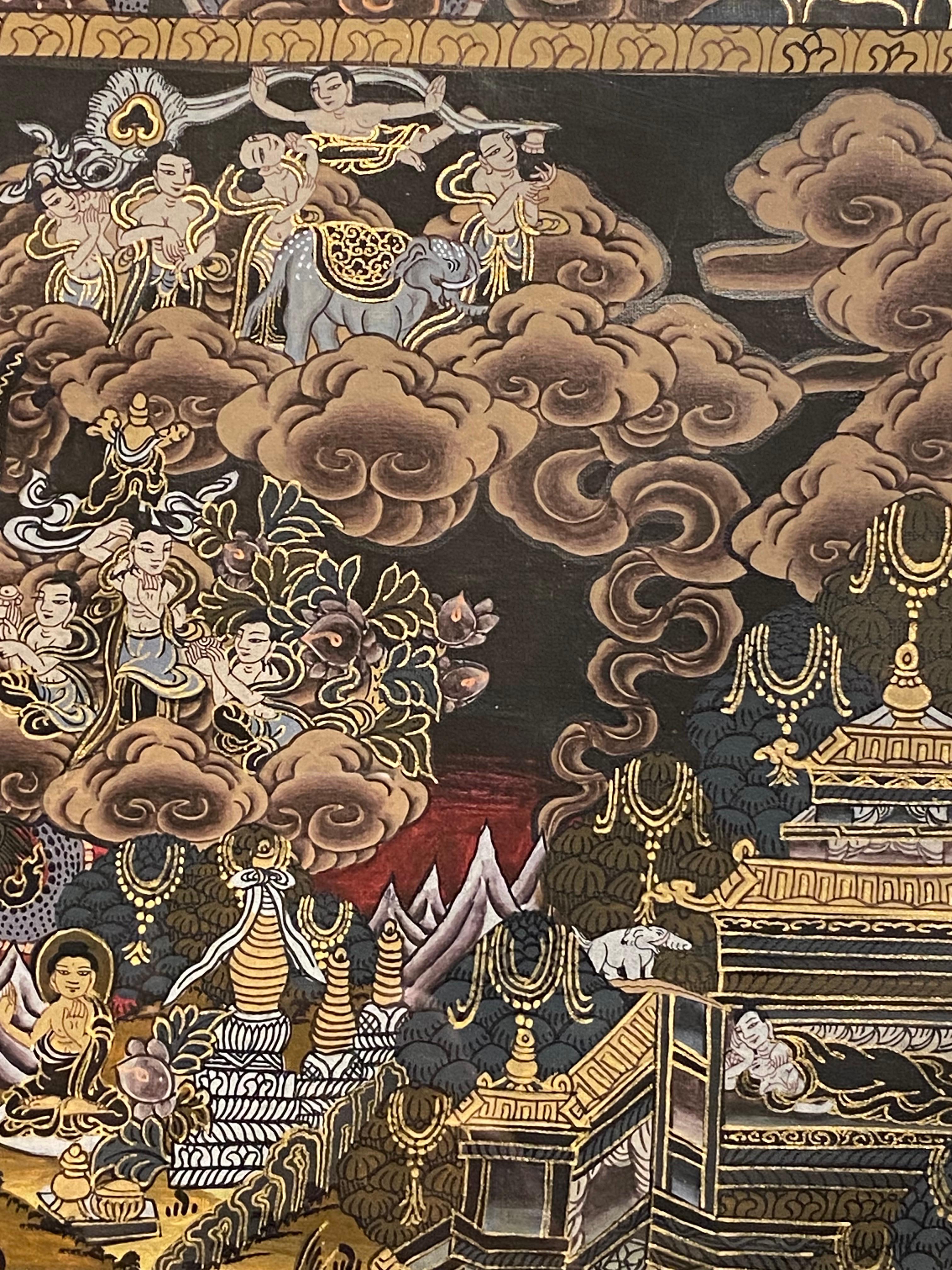 Gerahmte handbemalte Lebensgeschichte des Buddha Thangka auf Leinwand 24k Gold, Buddha Thangka (Braun), Figurative Painting, von Unknown