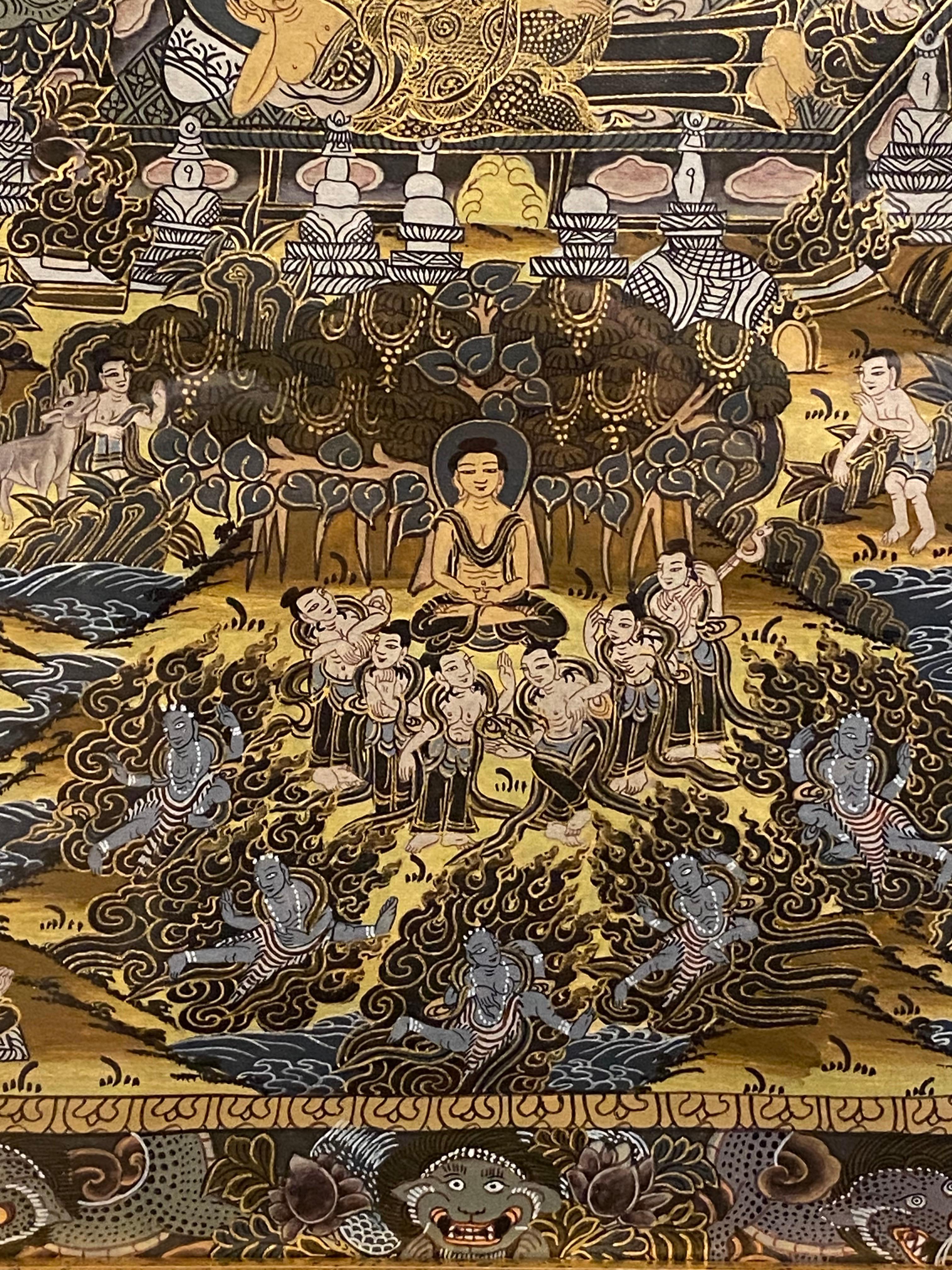 Gerahmte handbemalte Lebensgeschichte des Buddha Thangka auf Leinwand 24k Gold, Buddha Thangka im Angebot 2