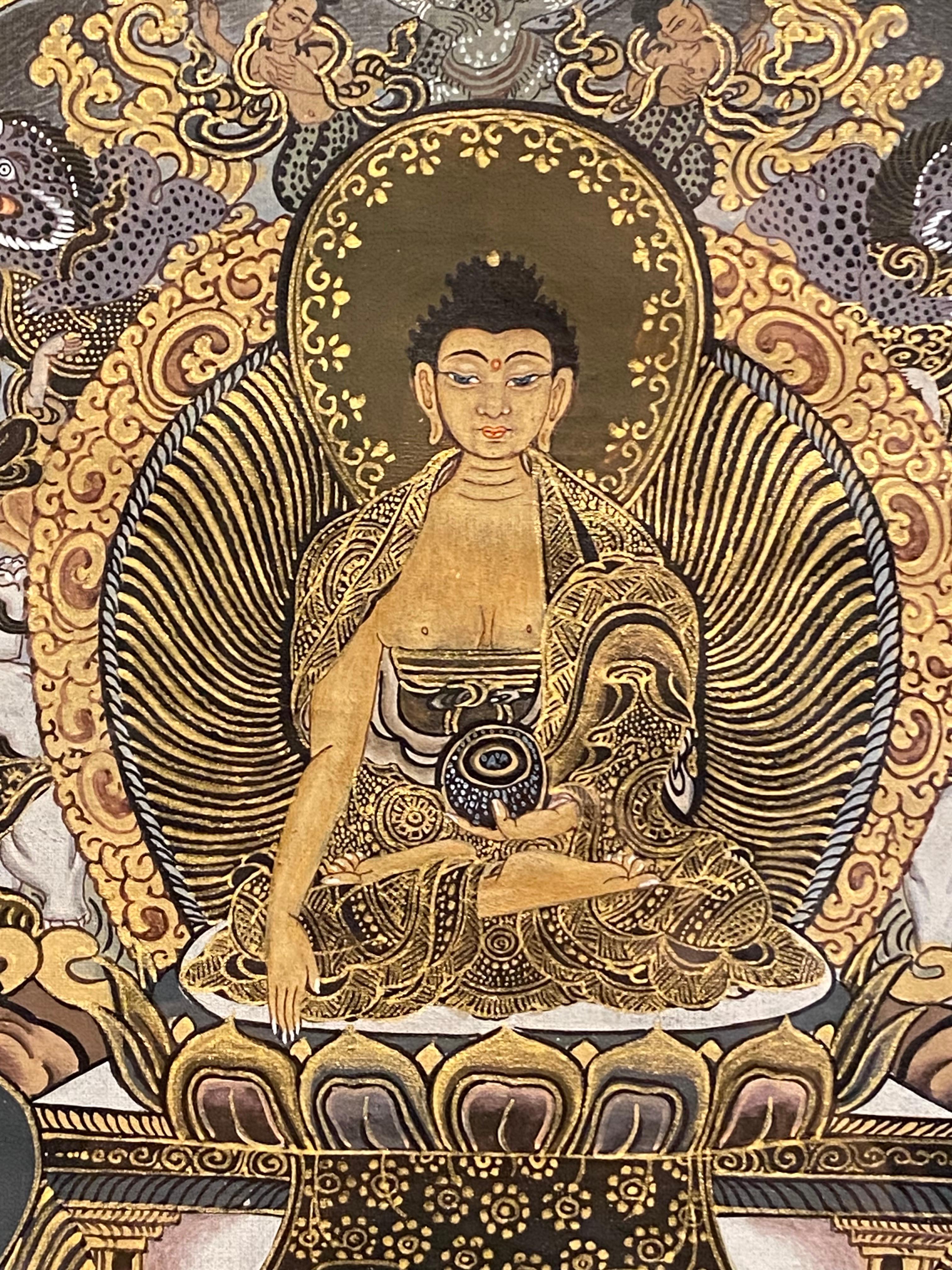 Gerahmte handbemalte Lebensgeschichte des Buddha Thangka auf Leinwand 24k Gold, Buddha Thangka im Angebot 6