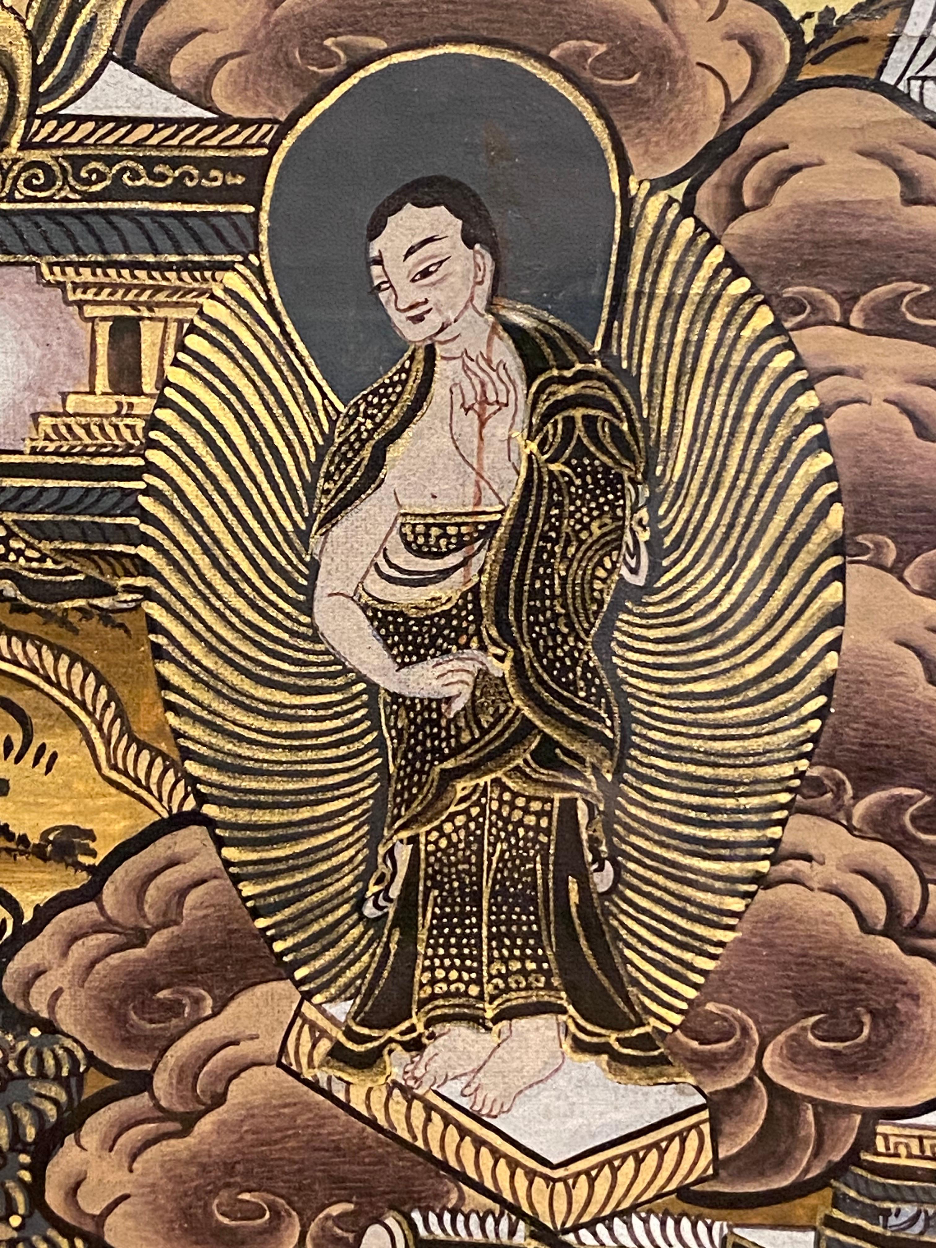 Gerahmte handbemalte Lebensgeschichte des Buddha Thangka auf Leinwand 24k Gold, Buddha Thangka im Angebot 7