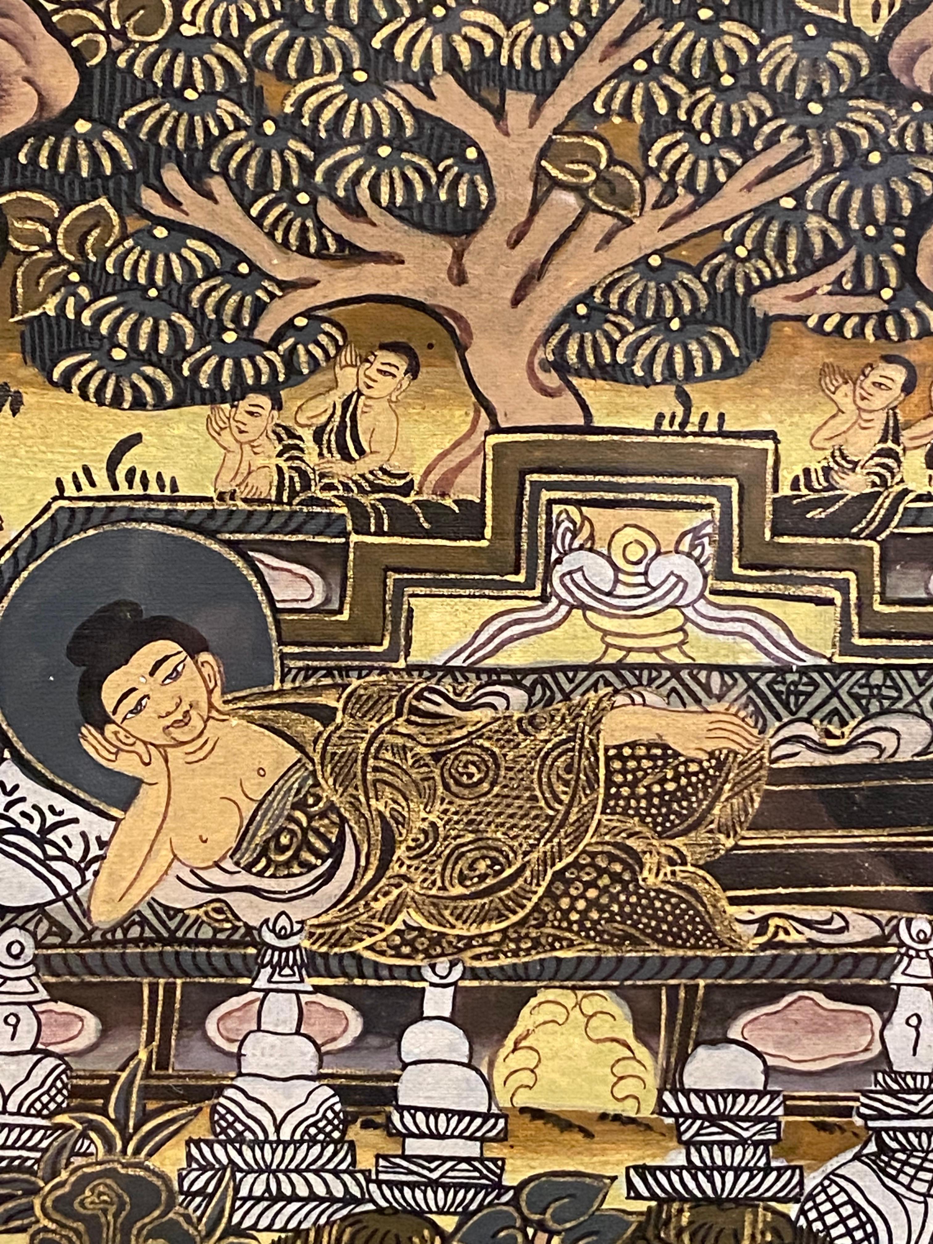 Gerahmte handbemalte Lebensgeschichte des Buddha Thangka auf Leinwand 24k Gold, Buddha Thangka im Angebot 8