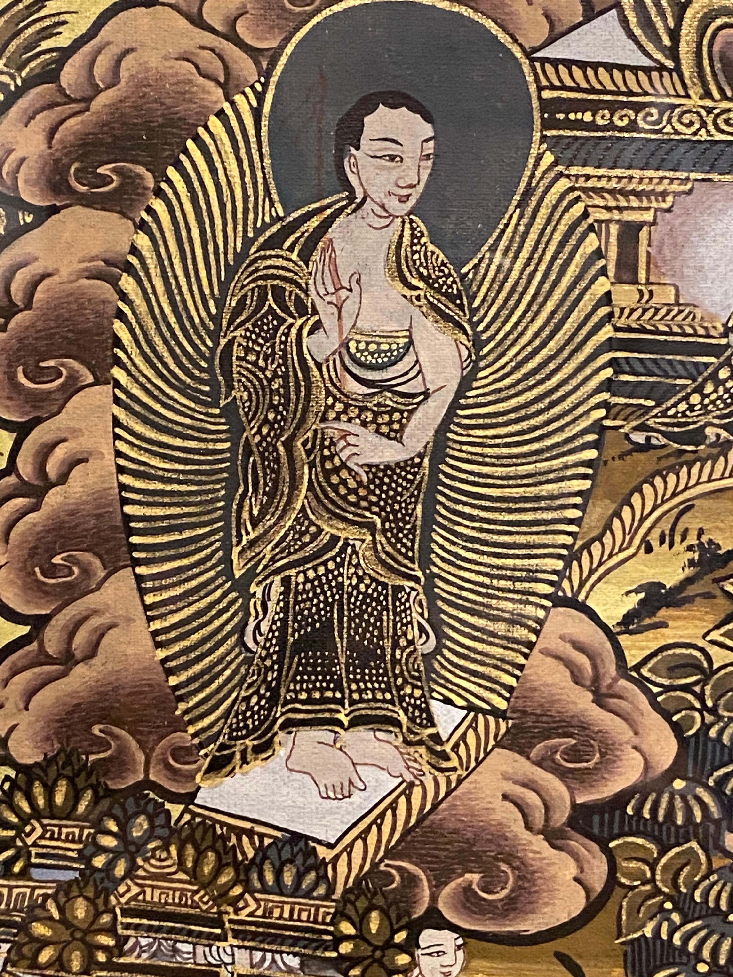 Gerahmte handbemalte Lebensgeschichte des Buddha Thangka auf Leinwand 24k Gold, Buddha Thangka im Angebot 9