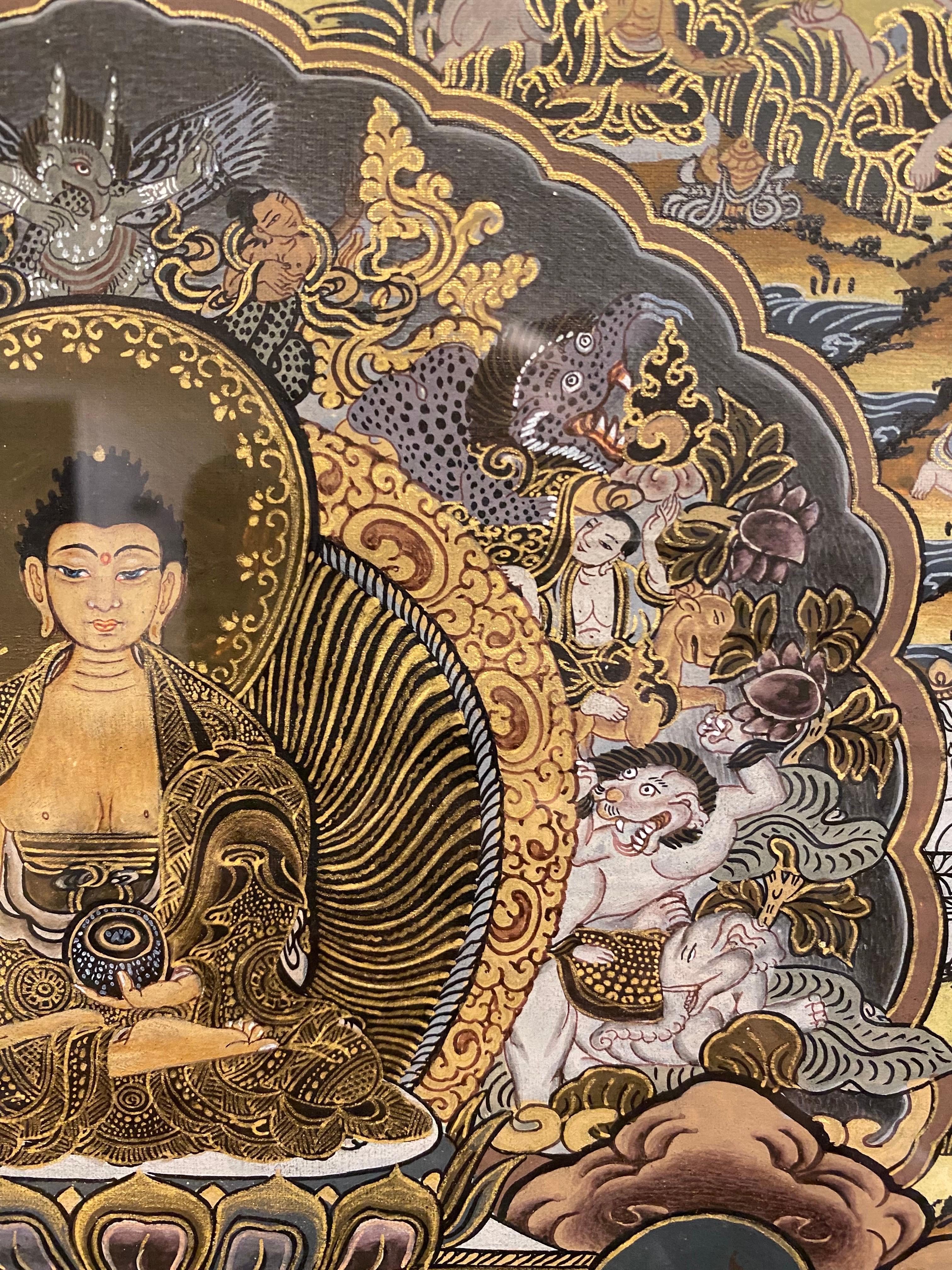 Gerahmte handbemalte Lebensgeschichte des Buddha Thangka auf Leinwand 24k Gold, Buddha Thangka im Angebot 10