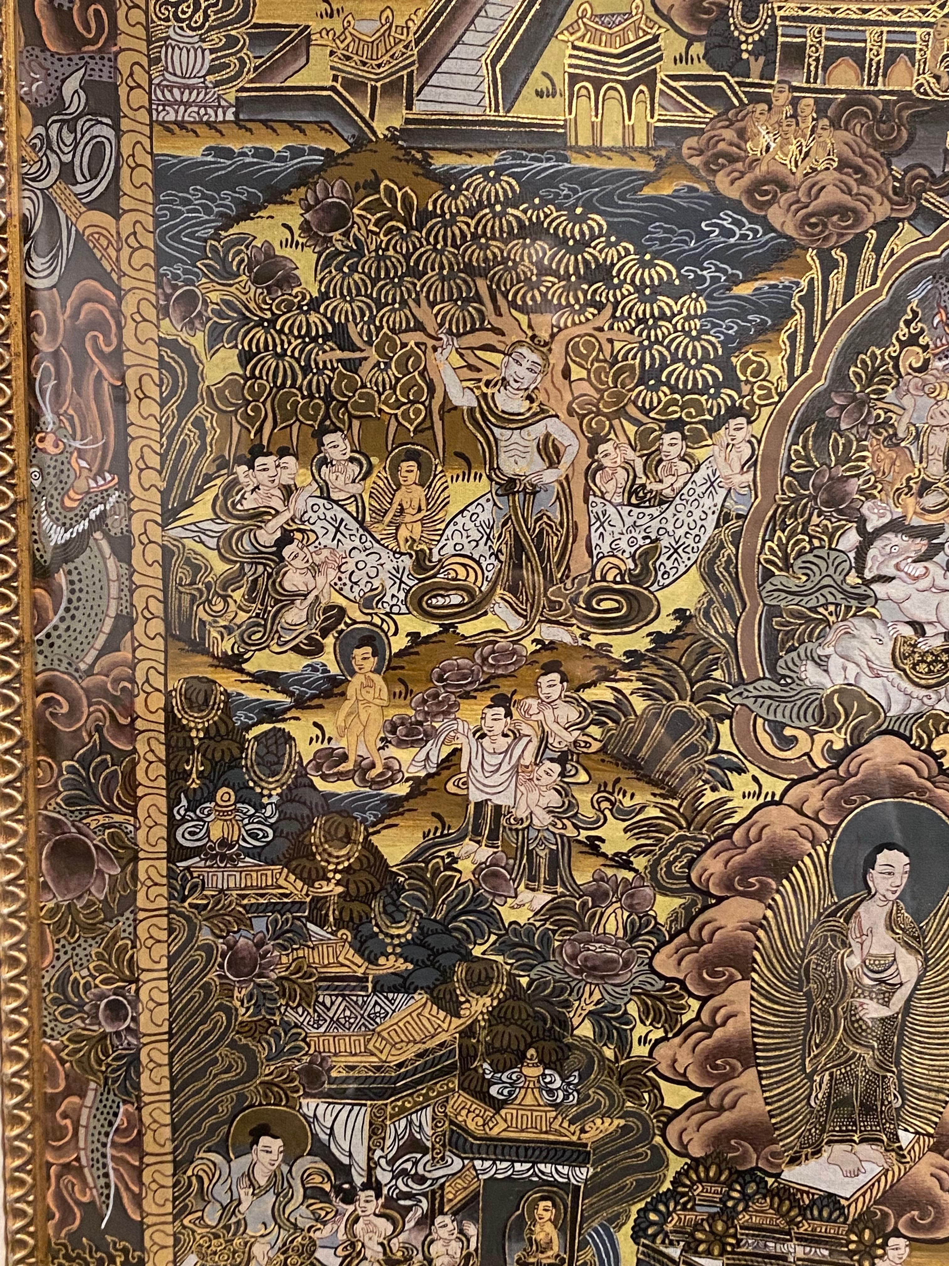Gerahmte handbemalte Lebensgeschichte des Buddha Thangka auf Leinwand 24k Gold, Buddha Thangka im Angebot 11