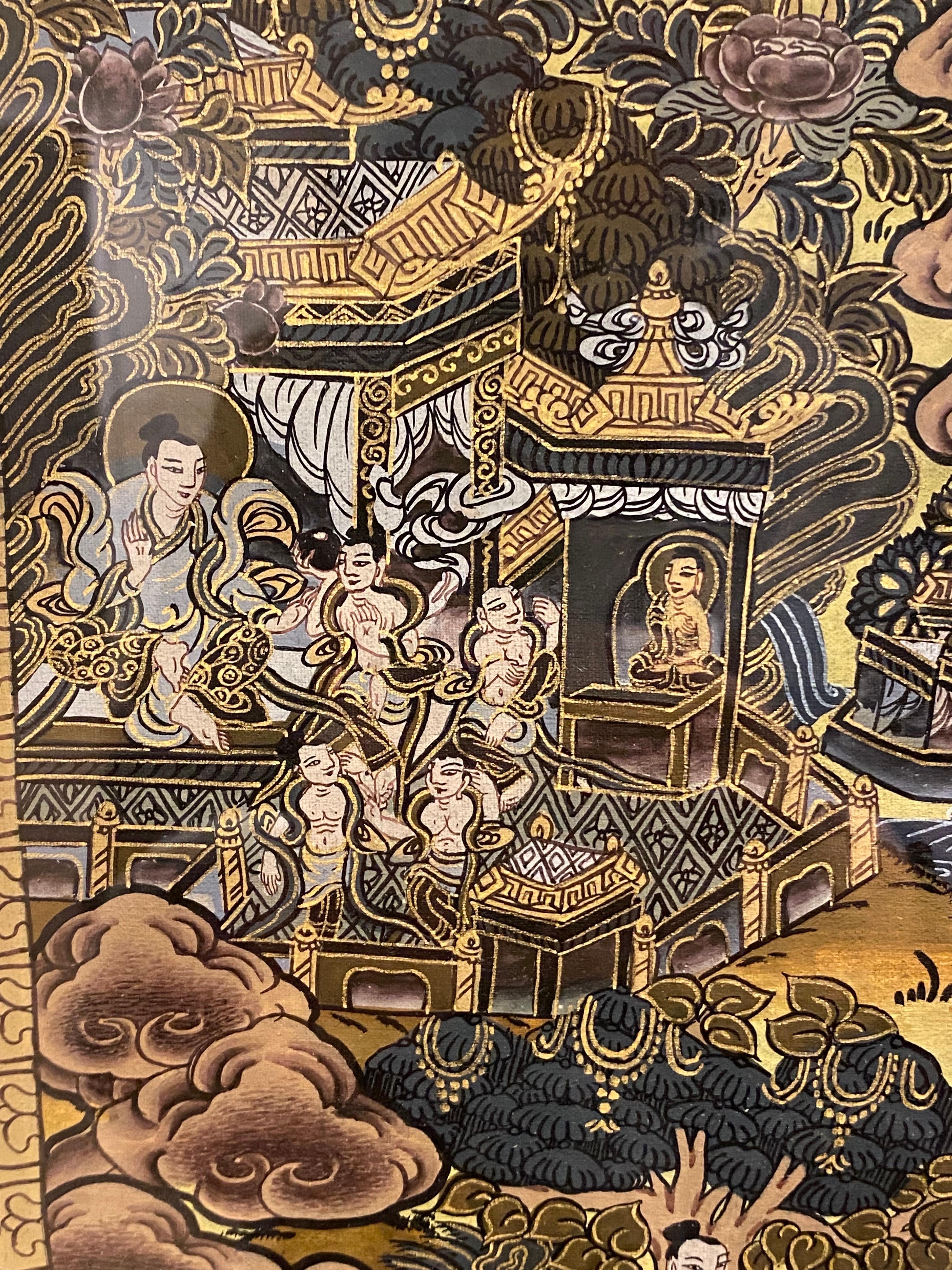 Gerahmte handbemalte Lebensgeschichte des Buddha Thangka auf Leinwand 24k Gold, Buddha Thangka im Angebot 12