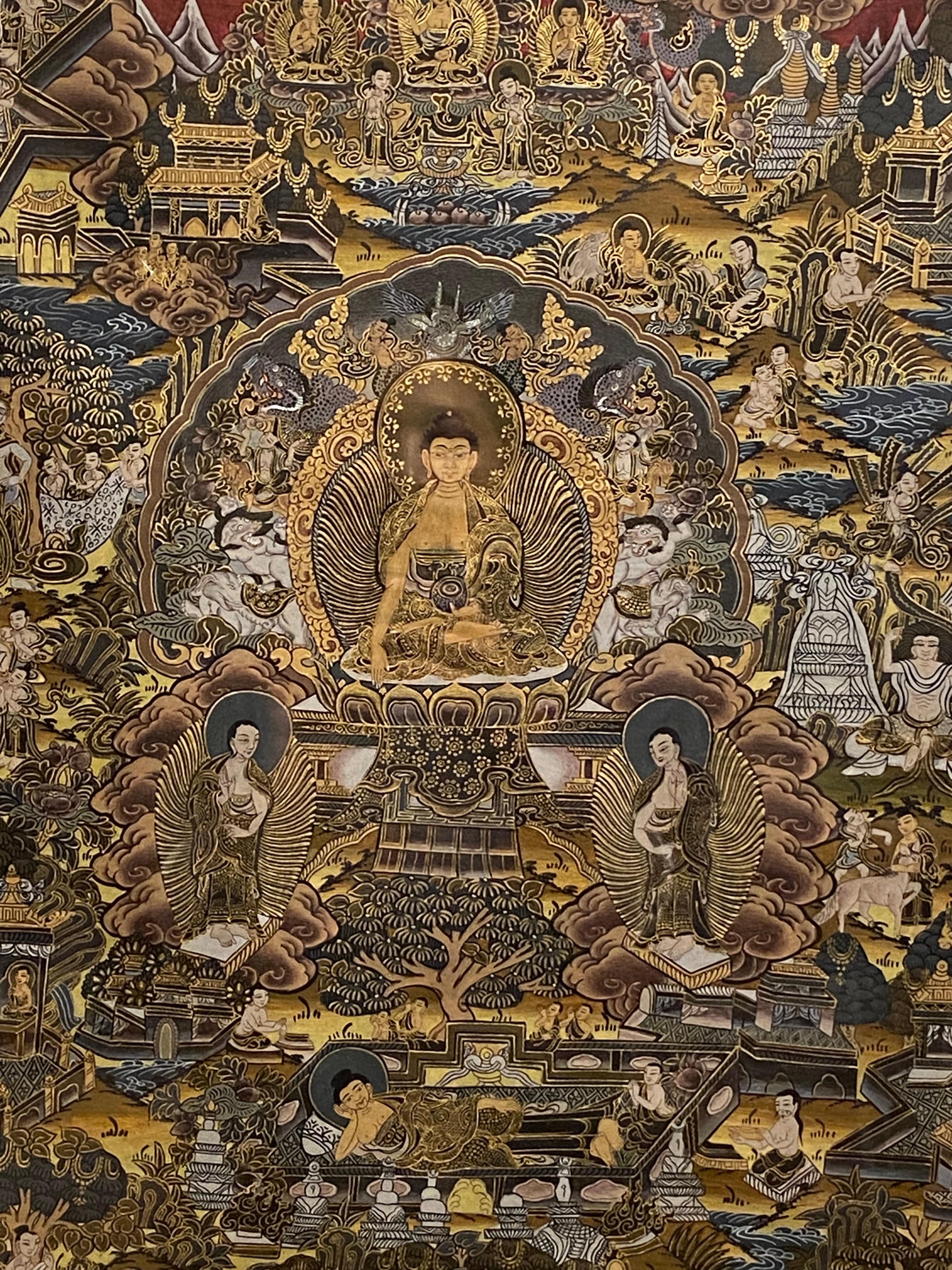 Gerahmte handbemalte Lebensgeschichte des Buddha Thangka auf Leinwand 24k Gold, Buddha Thangka im Angebot 13