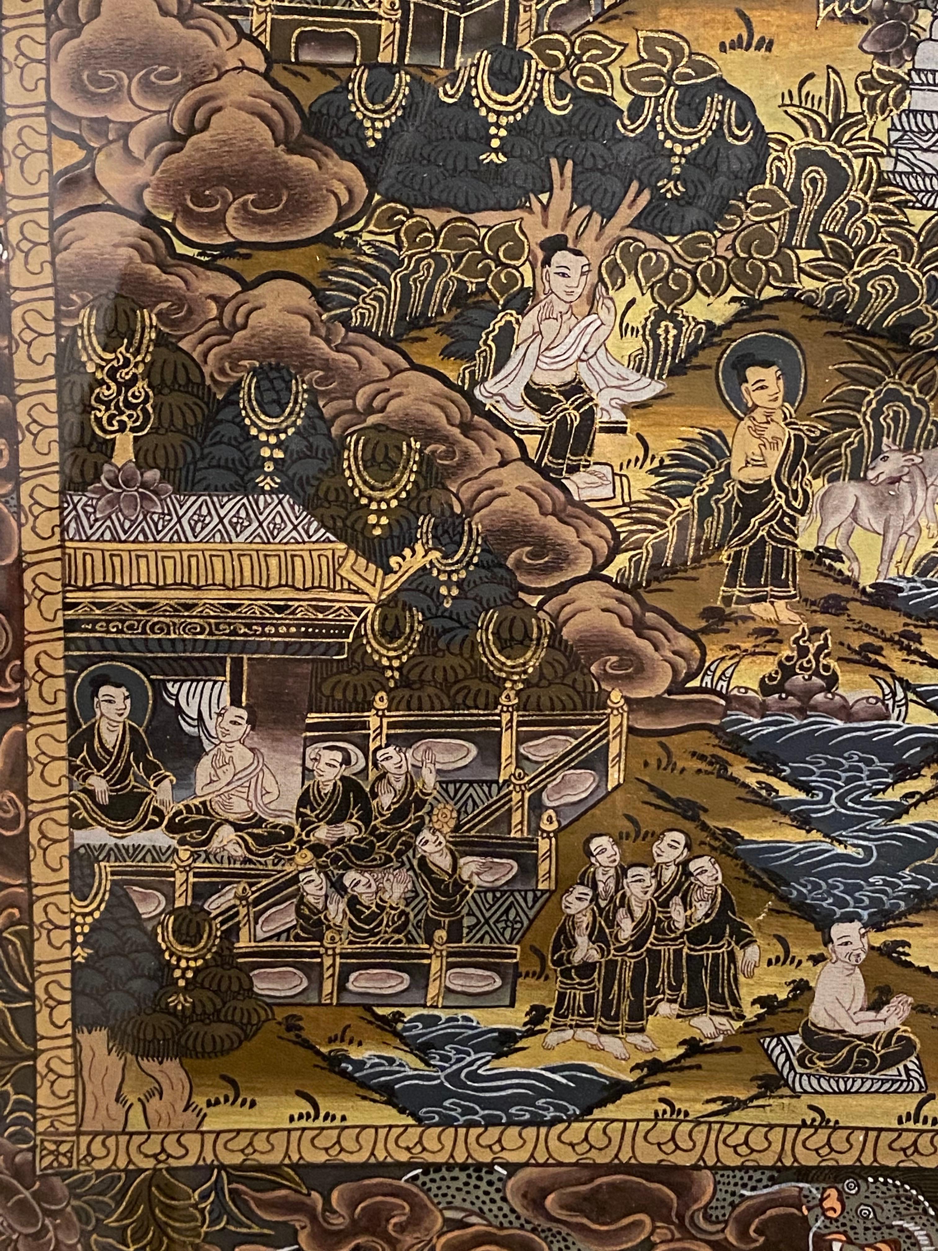 Gerahmte handbemalte Lebensgeschichte des Buddha Thangka auf Leinwand 24k Gold, Buddha Thangka im Angebot 14