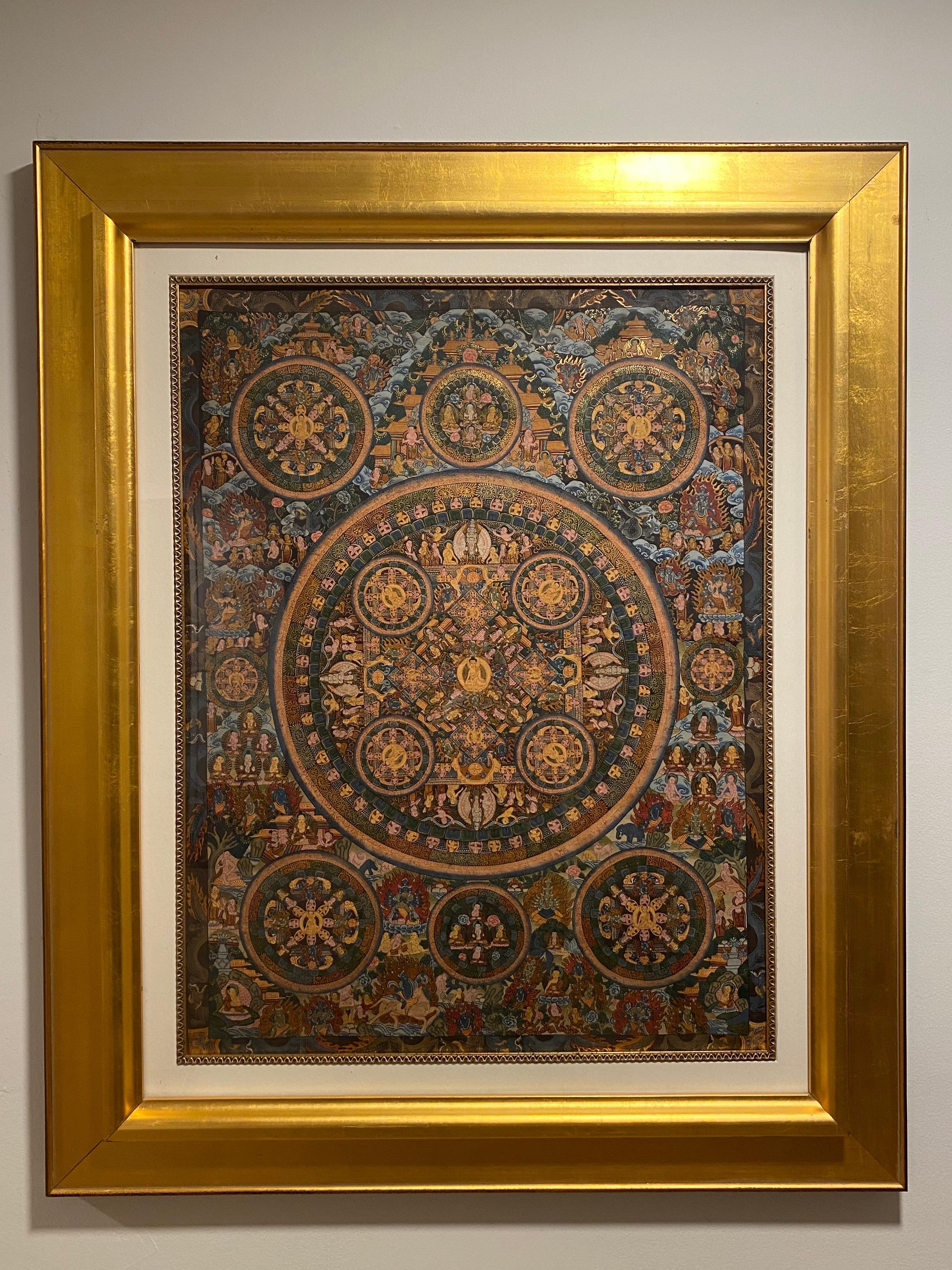 Framed Hand Painted  on Canvas Mandala Thangka 24K Gold - Art by Unknown