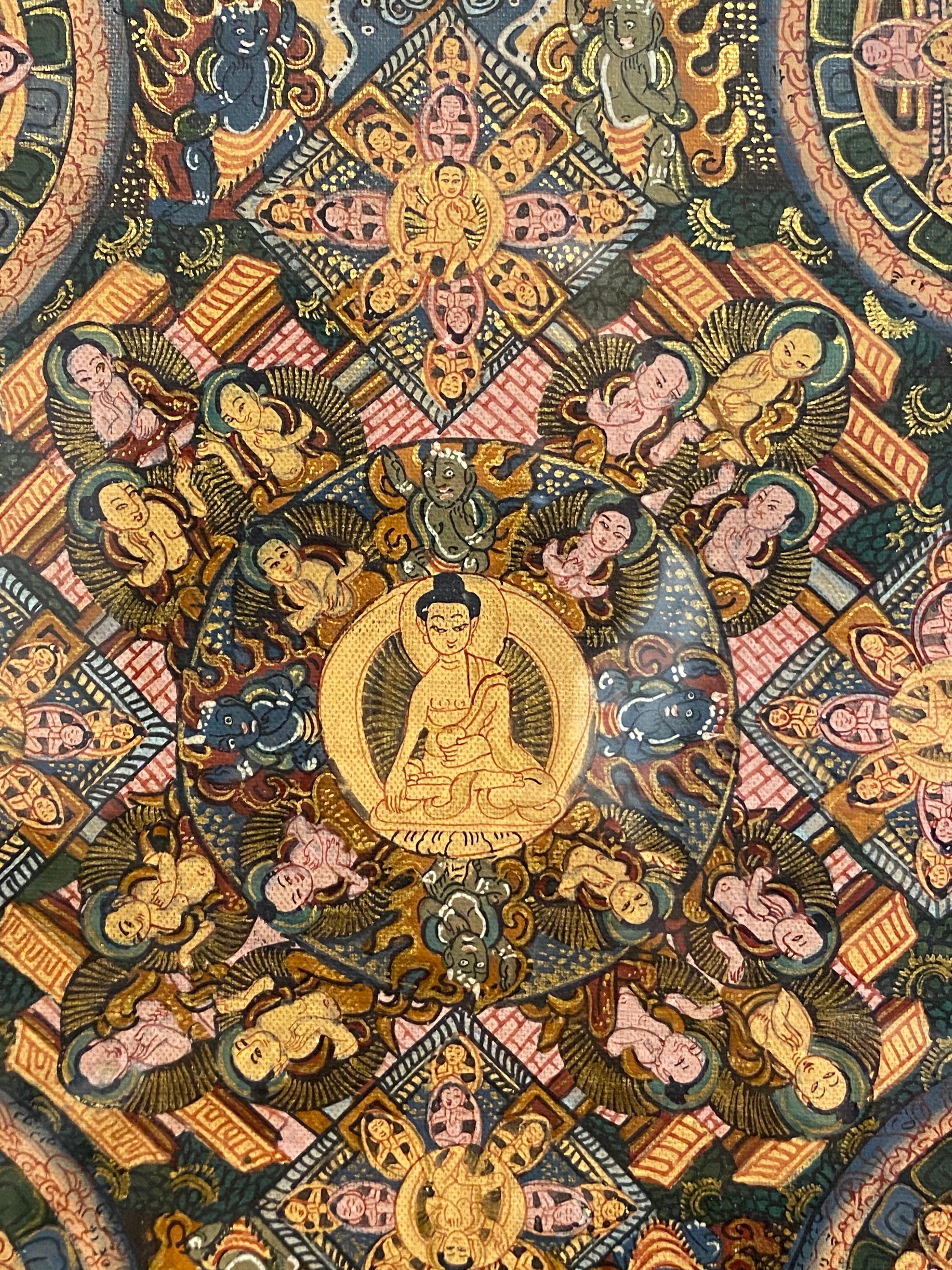 Framed Hand Painted  on Canvas Mandala Thangka 24K Gold For Sale 10