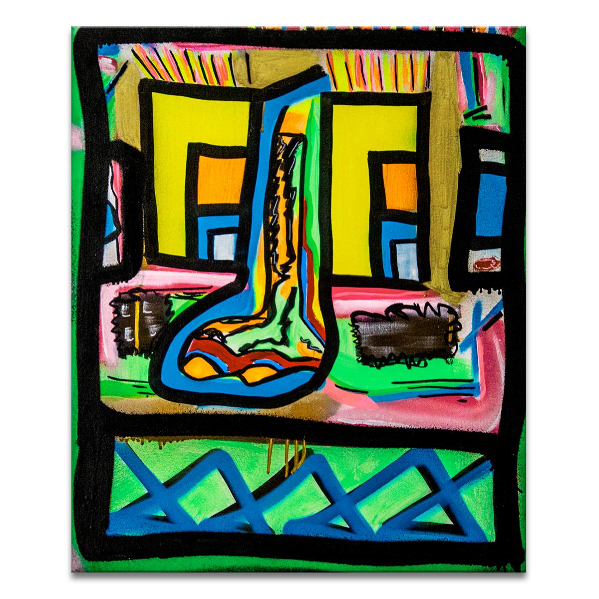 la peinture originale sur toile rembordée multicolore 'Untitled I' présente une esthétique audacieuse de street art dans des tons vibrants de bleu, jaune, vert, rose, orange, rouge et or. Une bombe de peinture à la main, l'art urbain de Big Bear est