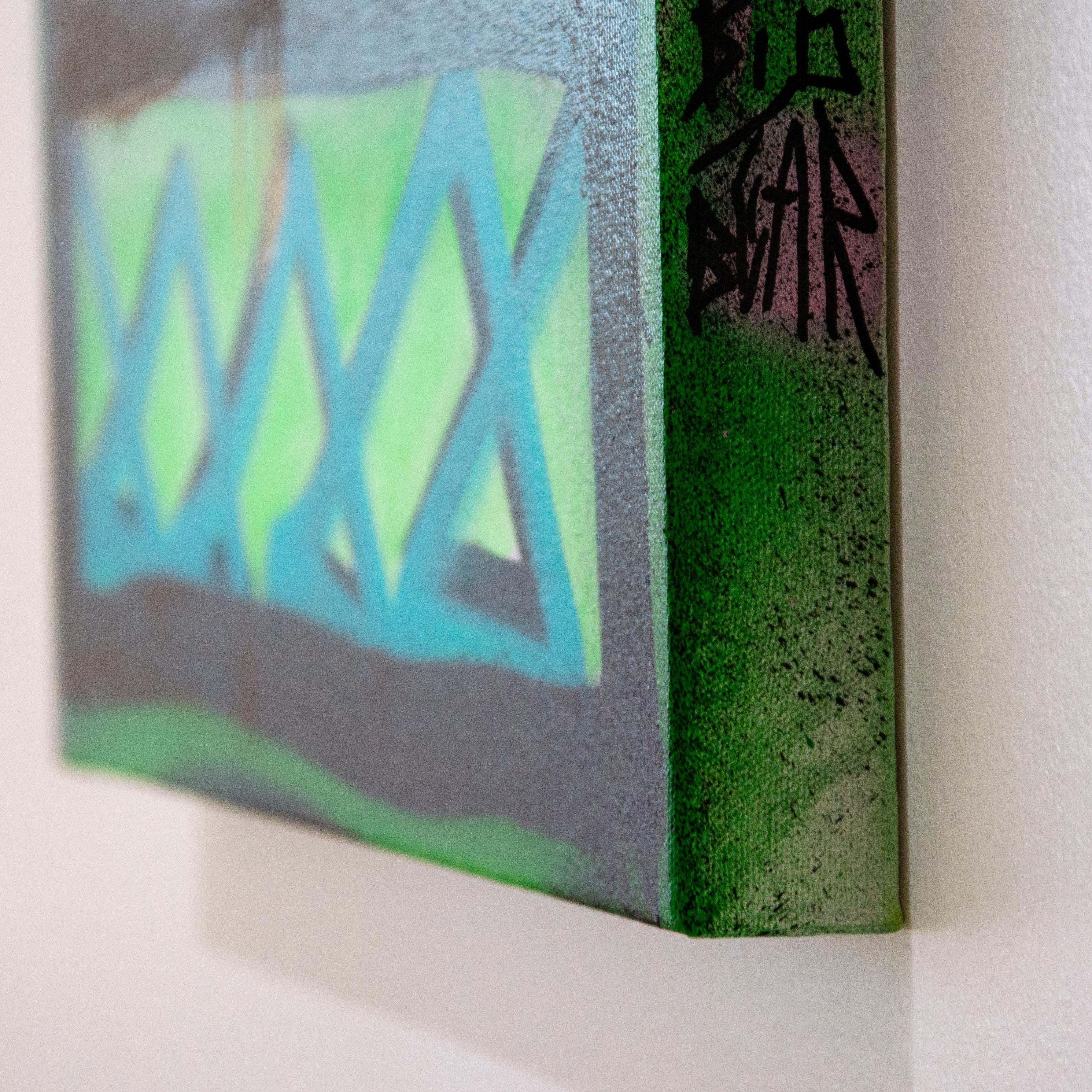 ‘Untitled I' Multicolor Wrapped Canvas Original Painting features a bold street art aesthetic in vibrant tones of blue, yellow, green, pink, orange, red, and gold. Spray paint can in hand, Big Bear’s urban artistry is unleashed; manifesting a