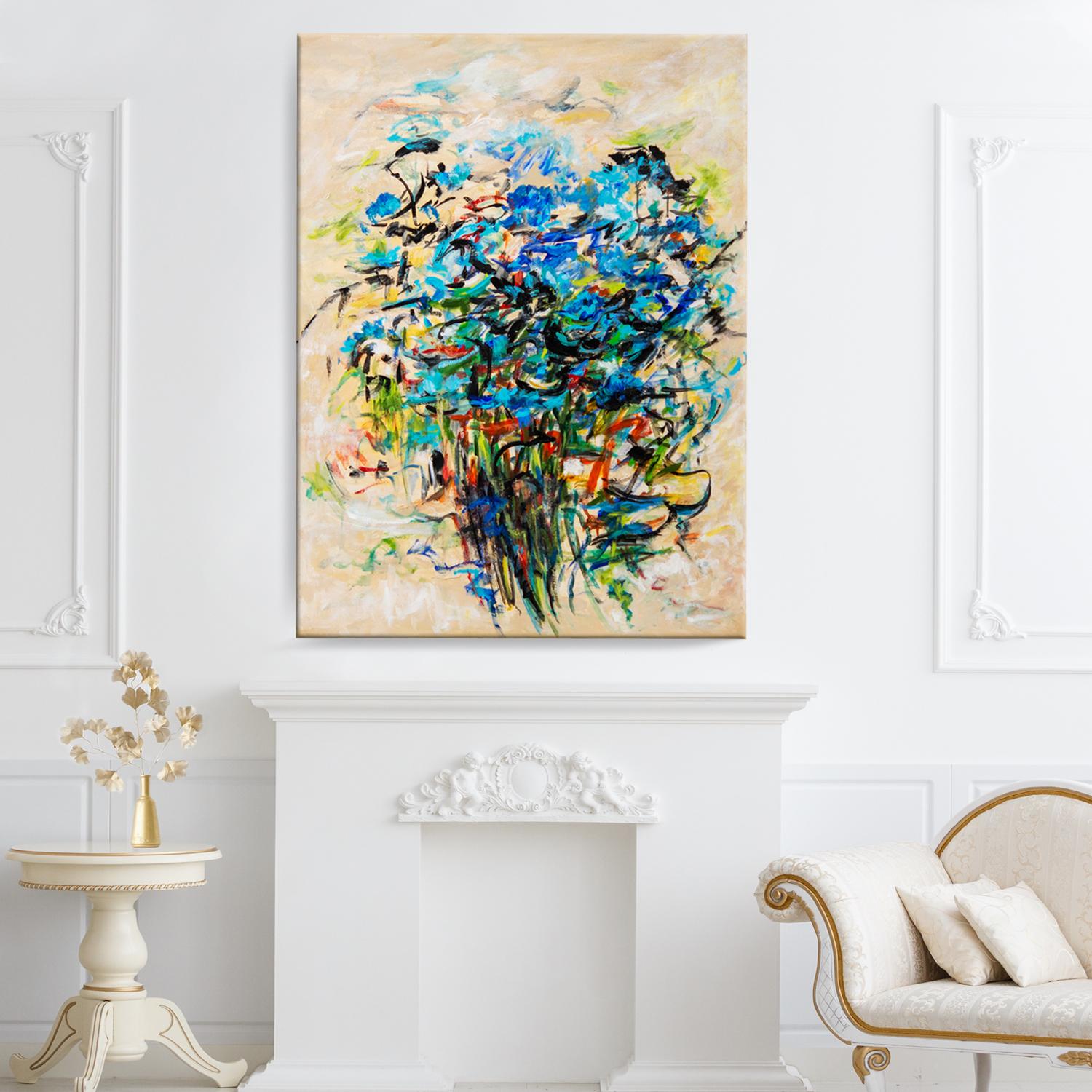 'Blues Boutique' Wrapped Canvas Original Painting features vibrant tones of blue, green, yellow, and brown on a neutral beige background. Modern divinity expressed on canvas, Karen H. Salup’s work exhibits a multitude of textures enveloped in a