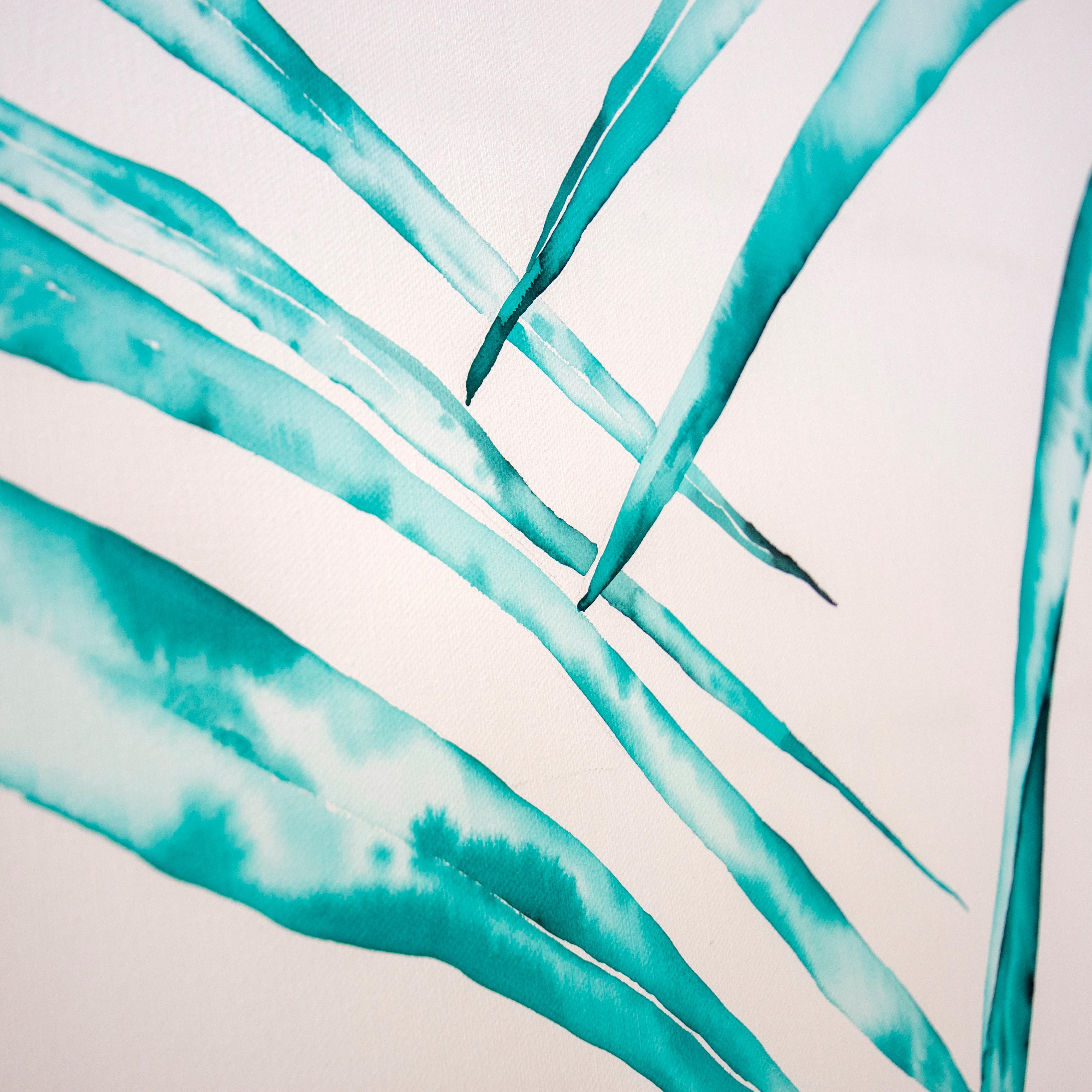 'Paradise Palms' Wrapped Canvas Original Painting features tropical palm fronds in vibrant tones of teal and white. The epitome of coastal sophistication, Laurie Duncan’s watercolor masterpieces are so intricately articulated they appear tangible. A