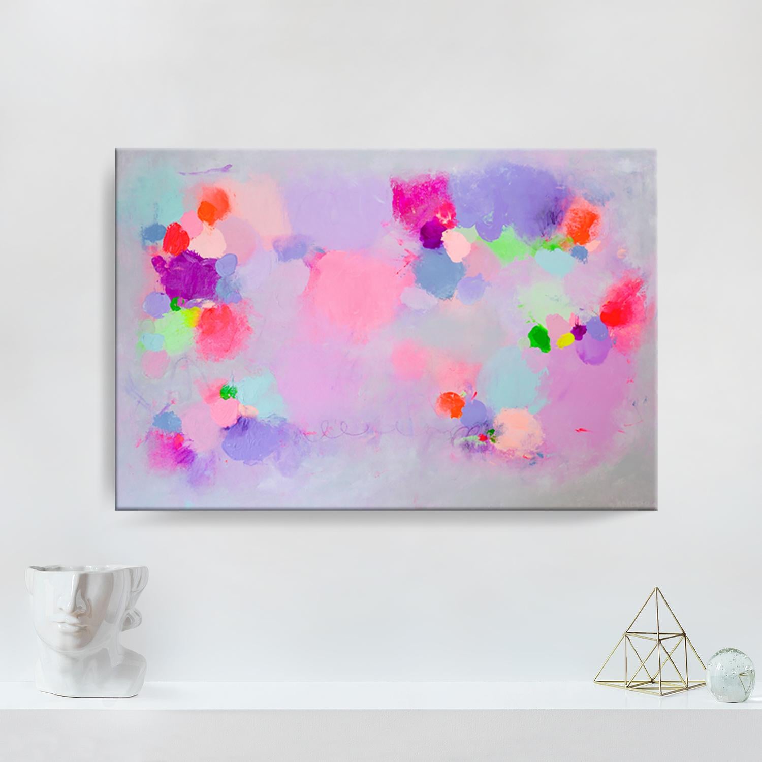 ‘Caught In A Daydream' Wrapped Canvas Original Painting features a whimsical abstract aesthetic in vivid hues of purple, pink, blue, green, orange, and red. Inspired by her travels and belief of speaking through color, Samerra’s abstract work is a