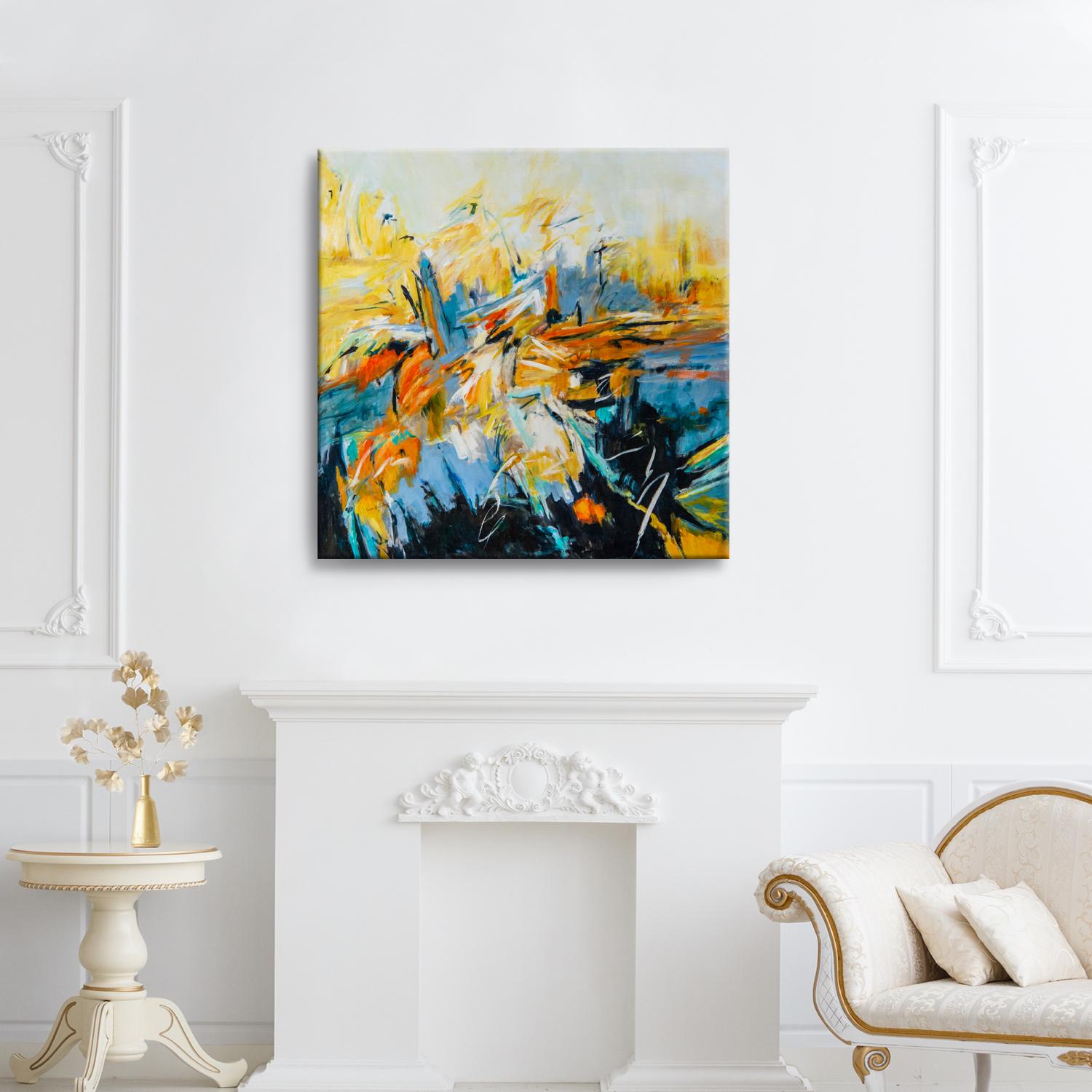 ‘Autumn Blaze' Wrapped Canvas Original Painting features an energetic abstract aesthetic in vibrant tones of yellow, blue, black, red, and orange. Modern divinity expressed on canvas, Karen H. Salup’s work exhibits a multitude of textures enveloped