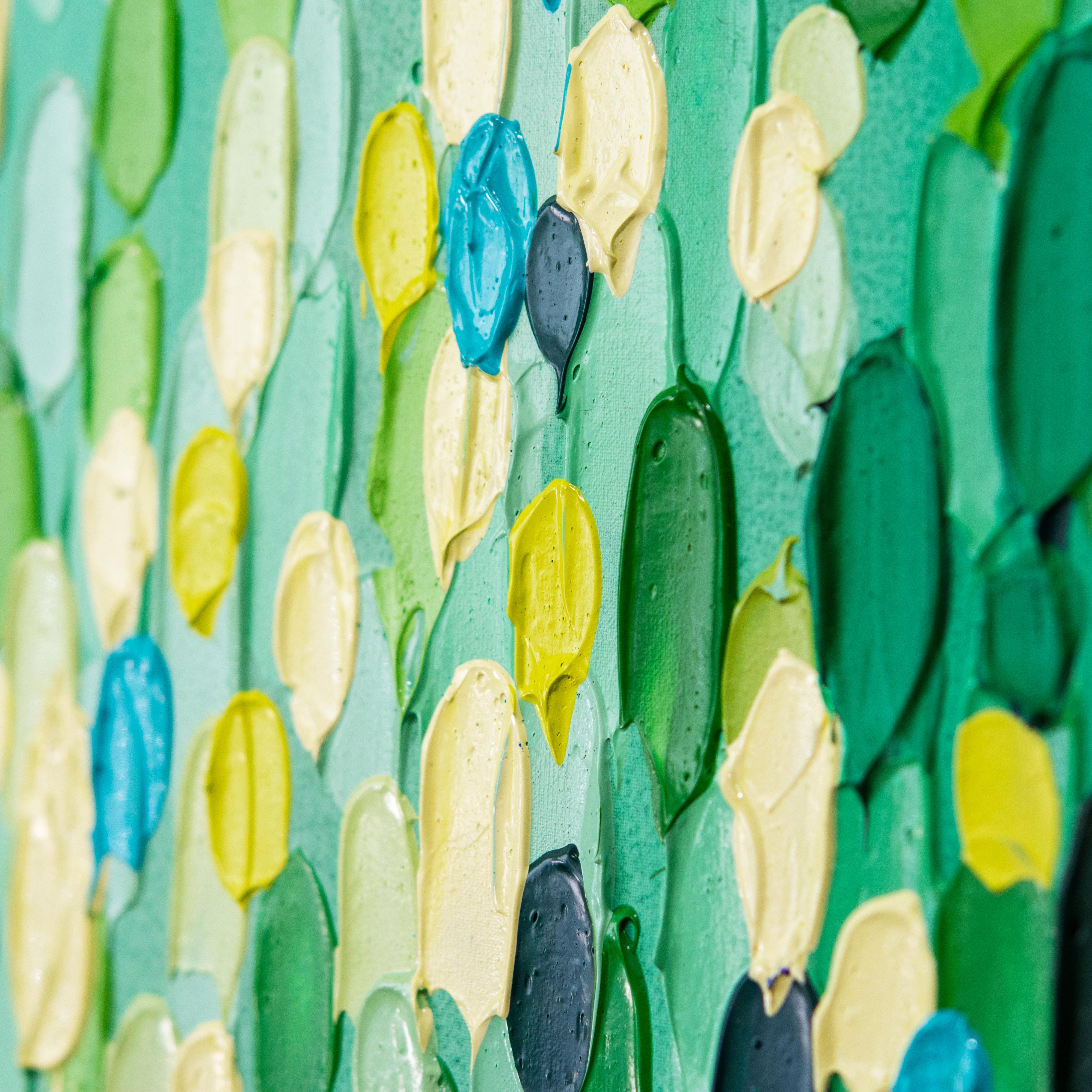 ‘Color Map IV' Wrapped Canvas Original Painting features a playful abstract aesthetic in tones of green, yellow, blue, buttercream, and gray. Inspired by the beauty surrounding her in tropical Florida, Sarah LaPierre utilizes her profoundly distinct