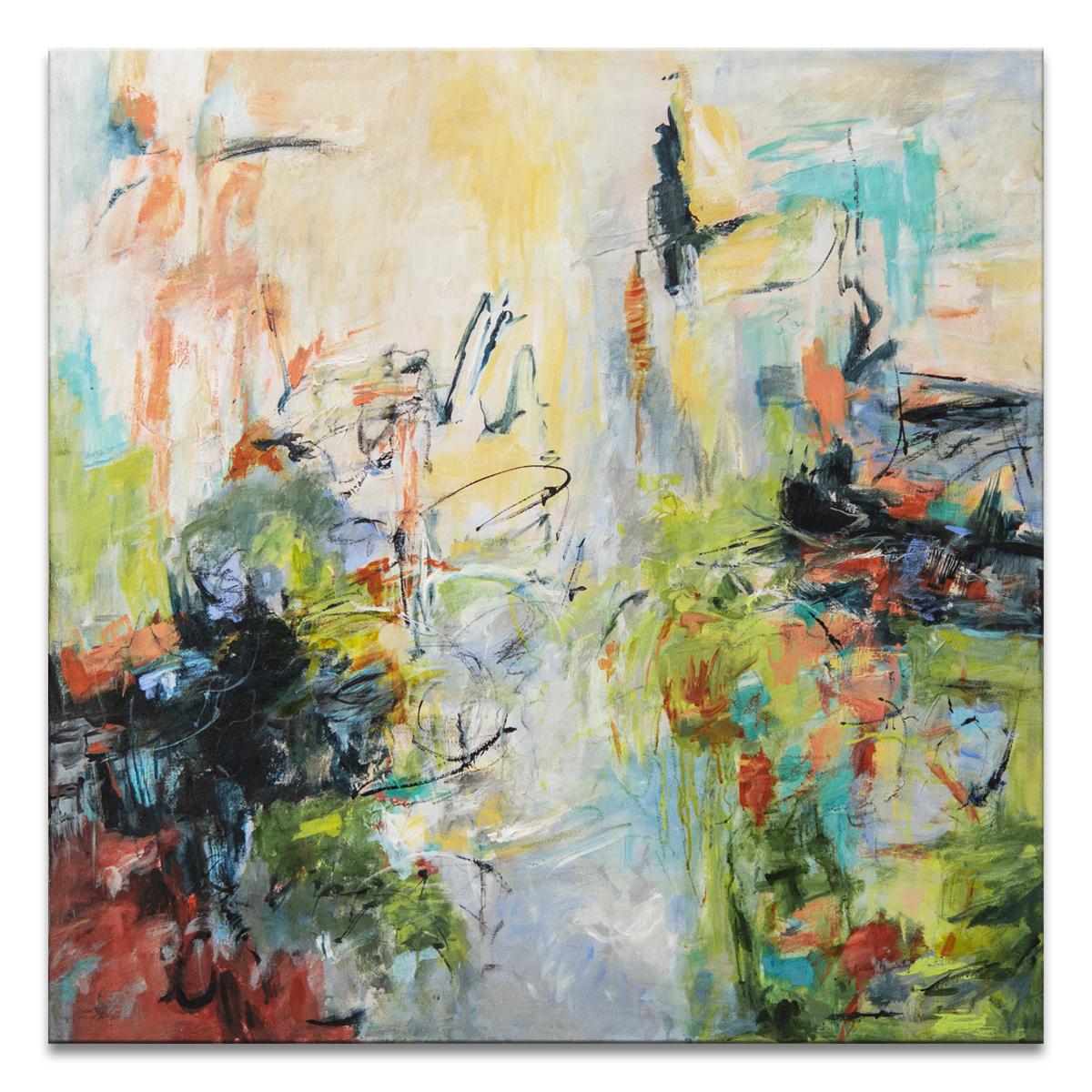 'Summer Fling' Wrapped Canvas Original Painting features an energetic abstract aesthetic in vibrant tones of beige, green, brown, black, soft coral, blue, gray, and soft yellow. Modern divinity expressed on canvas, Karen H. Salup’s work exhibits a