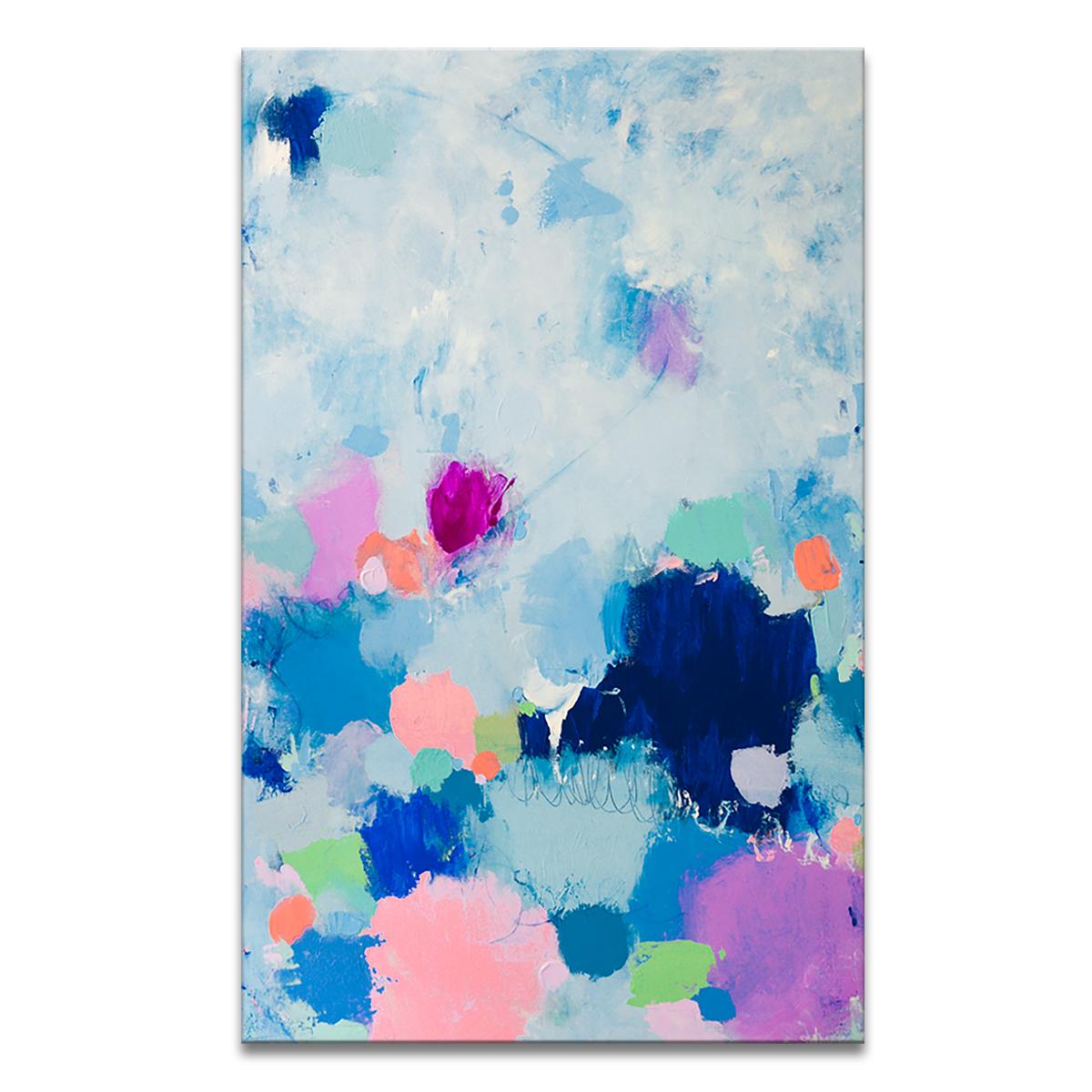‘Dreams Coming True' Wrapped Canvas Original Painting features a whimsical abstract aesthetic in vivid hues of blue, pink, green, orange, and purple. Inspired by her travels and belief of speaking through color, Samerra’s abstract work is a