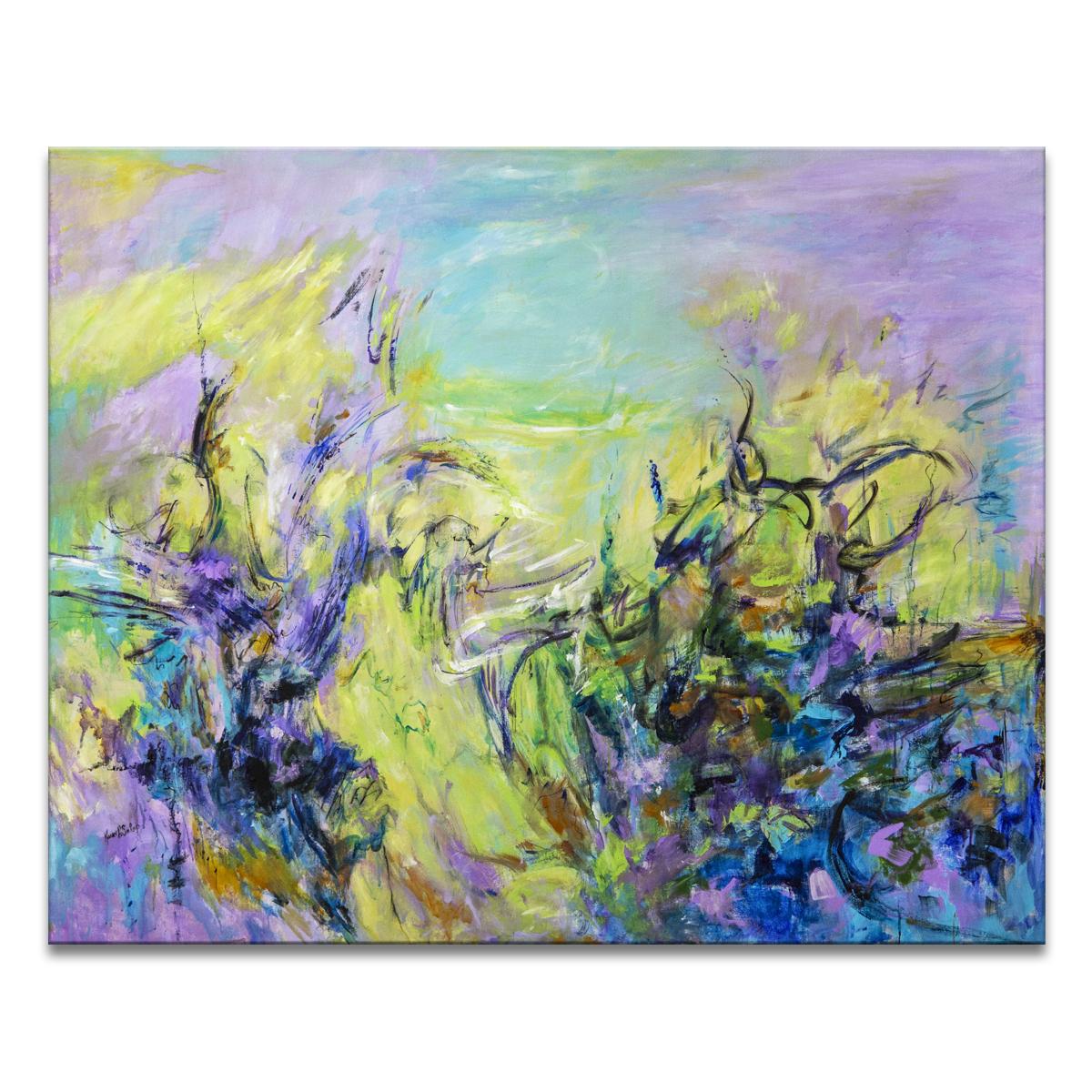 la peinture originale sur toile enveloppée 'The Clearing' présente une esthétique abstraite énergique dans des tons vibrants de violet, bleu, vert, marron et noir. Divinité moderne exprimée sur toile, l'œuvre de Karen H. Salup présente une multitude