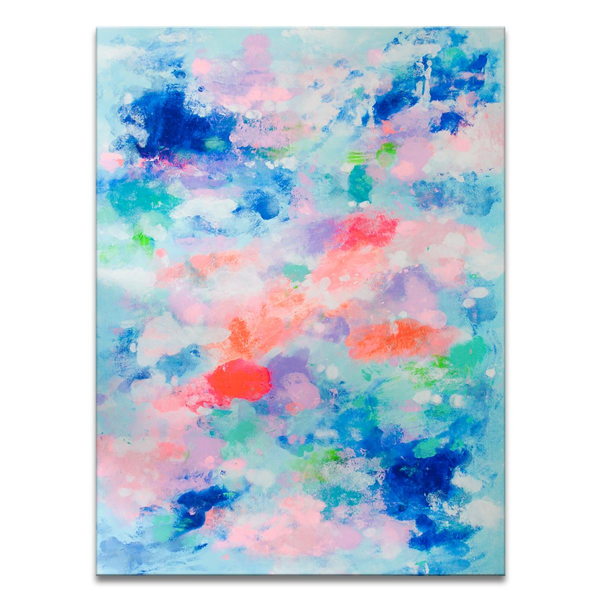 'Waking Up In The Sky' Wrapped Canvas Original Painting features a whimsical abstract aesthetic in vivid hues of blue, pink, green, orange, and purple. Inspired by her travels and belief of speaking through color, Samerra’s abstract work is a