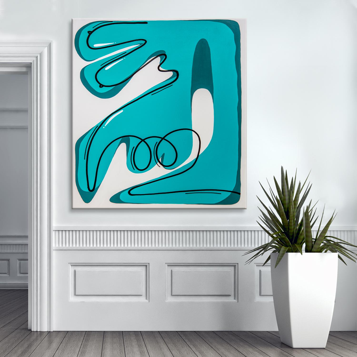 'Thinking About You' Wrapped Canvas Original Painting features an abstract female figure in vivid tones of turquoise, teal, black, and white. Exuding empowerment, Alejandra Linares’s artwork is a collective of rich color and strong abstract feminine