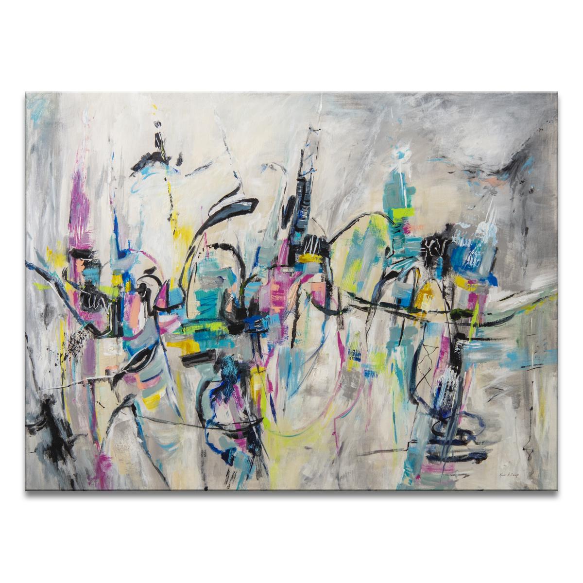 'Cityscape' Wrapped Canvas Original Painting features an energetic abstract aesthetic in vibrant tones of gray, purple, blue, green, yellow, black, blush. Modern divinity expressed on canvas, Karen H. Salup’s work exhibits a multitude of textures