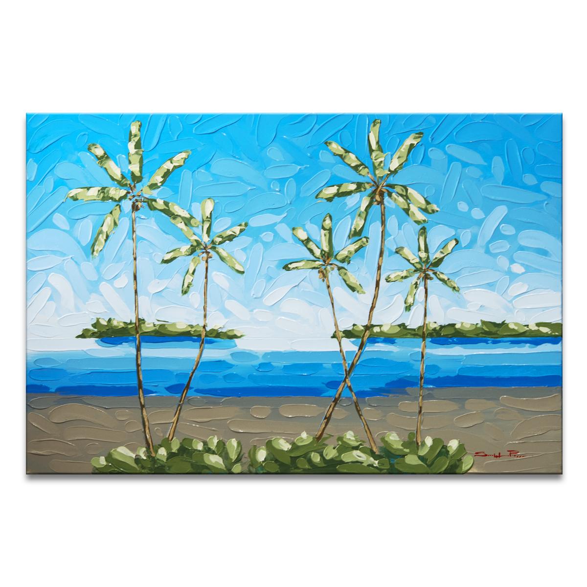 ‘Blue Serenity' Wrapped Canvas Original Painting features a palm tree adorned seascape in vibrant tones of blue, green, brown, white, and taupe. Inspired by the beauty surrounding her in tropical Florida, Sarah LaPierre utilizes her profoundly