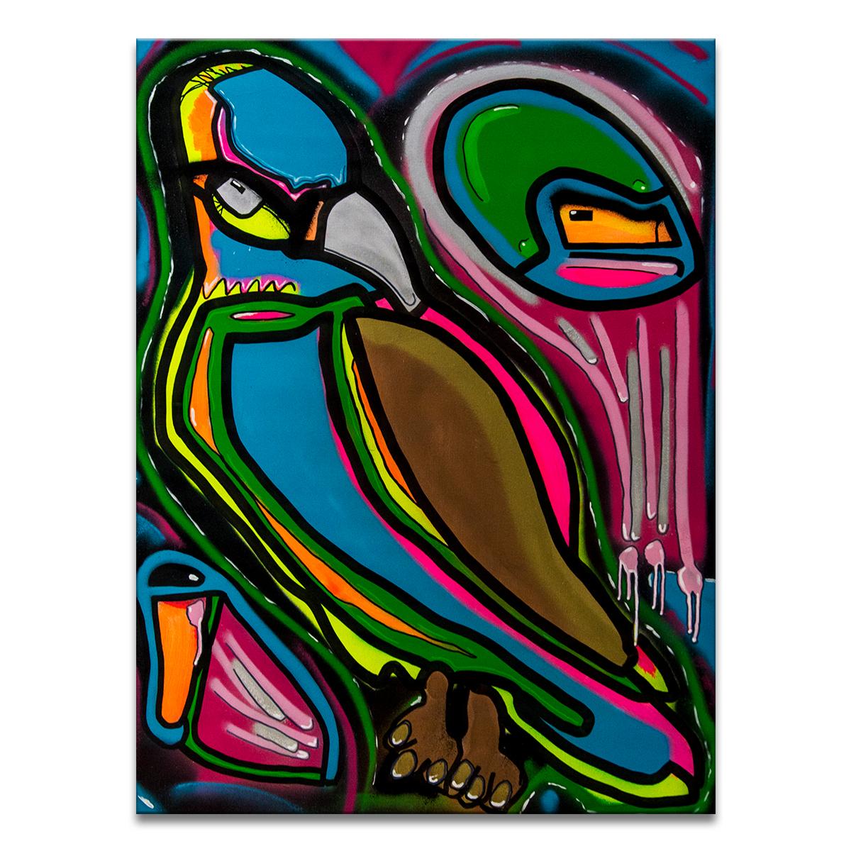 la peinture originale sur toile emballée 'Untitled VII' représente un oiseau dans une esthétique de street art audacieuse et excentrique, saturée de tons vibrants de bleu, vert, jaune, orange, rose, noir, brun, gris et violet. Une bombe de peinture