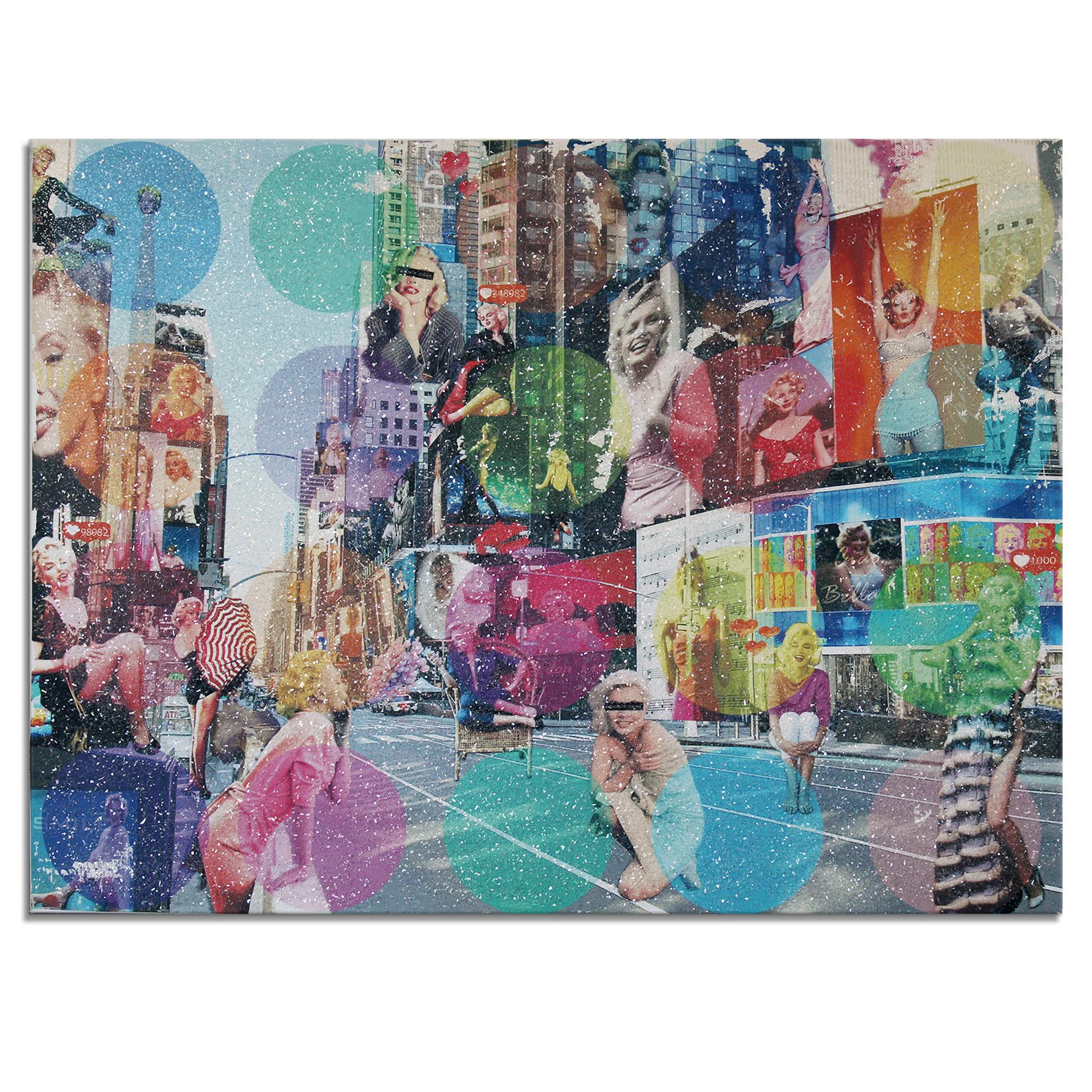 
Diamond
 Wrapped Canvas Original Pop Art features a multicolored collage of Marilyn Monroe images placed in New York City
s Times Square, veiled with a polka dot pattern and a clear glittered finish. Introspective and playful Italian artist,