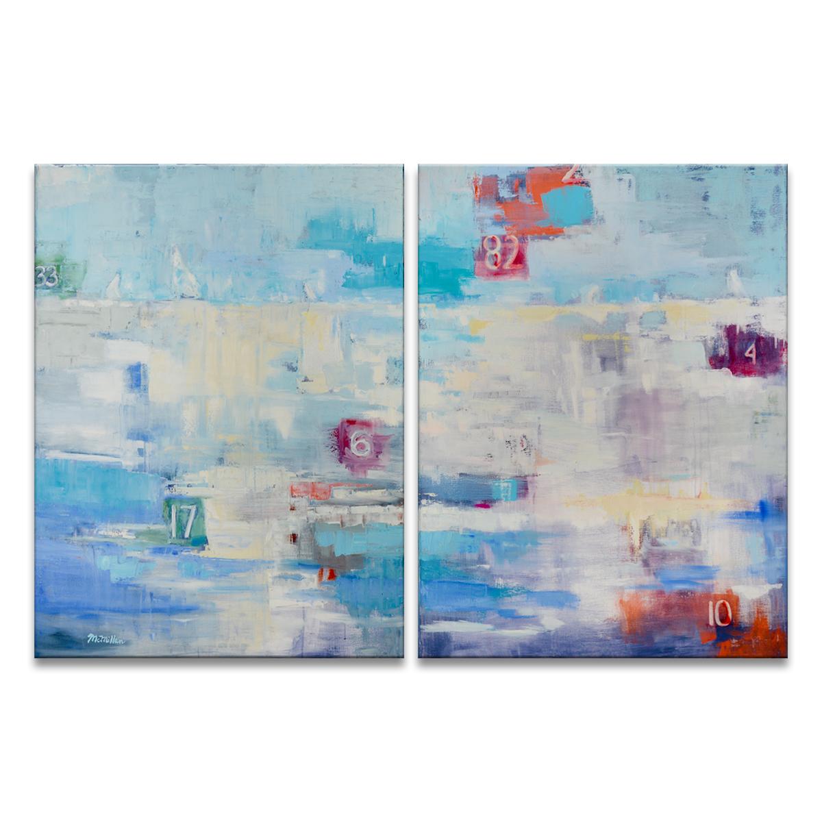 ‘Channel Markers' Wrapped Canvas Original Painting is a two-piece modern coastal set featuring an abstract view of ocean channel markers in tones of blue, gray, soft yellow, orange, fuchsia, red, and green. Effortlessly add beauty and grace to your
