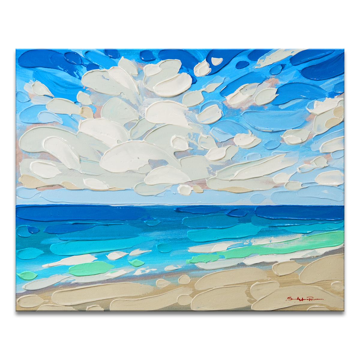 ‘Reflections IV' Wrapped Canvas Original Painting features a scenic seascape in vibrant tones of blue, green, gray, white, sand, blush, and beige. Inspired by the beauty surrounding her in tropical Florida, Sarah LaPierre utilizes her profoundly