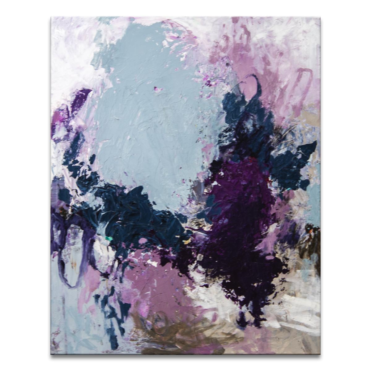 ‘Vineyard Vibe' Wrapped Canvas Original Painting features a vibrant abstract aesthetic in tones of purple, blue, gray, beige, brown, beige and white. Inspired by nature and Bible verse Samuel 1:11, Tammy Staab’s positivity and light radiates through