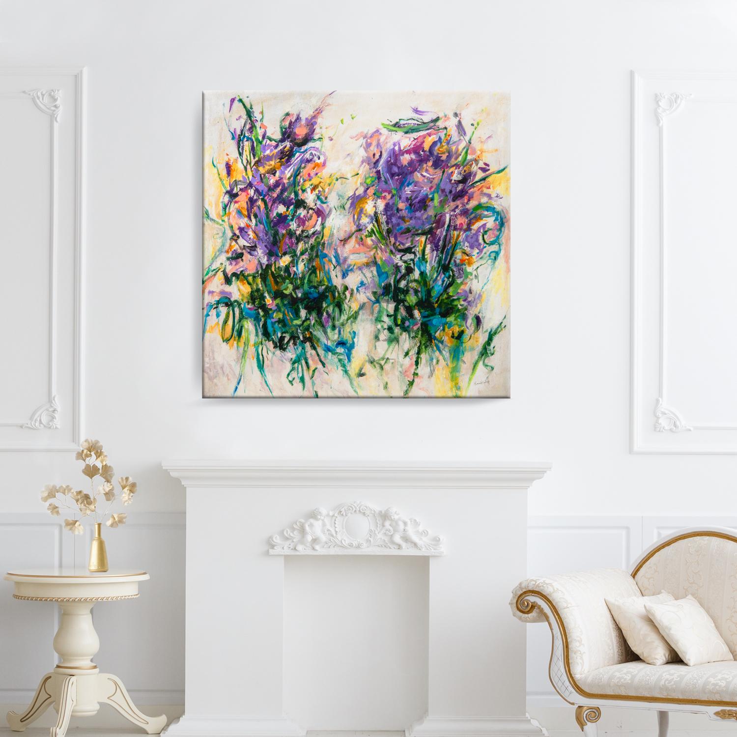 'Gathering the Violets' Wrapped Canvas Original Painting features an energetic abstract aesthetic in vibrant tones of purple, blue, green, yellow, black, beige, and blush. Modern divinity expressed on canvas, Karen H. Salup’s work exhibits a