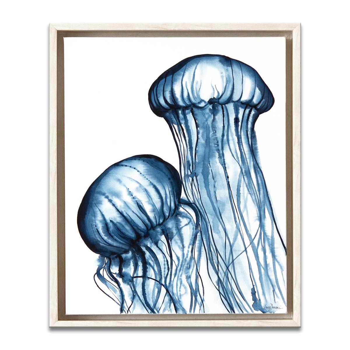 ‘Dancing Jellies' Framed Canvas Original Painting features tropical jelly fish in vibrant tones of blue, and white. The epitome of coastal sophistication, Laurie Duncan’s watercolor masterpieces are so intricately articulated they appear tangible. A