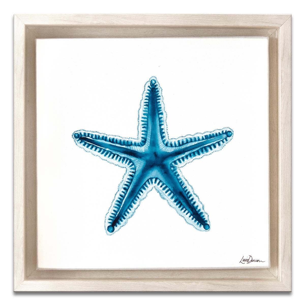 ‘Ocean Star' Framed Canvas Original Painting features a starfish marine life in vibrant tones of blue, and white. The epitome of coastal sophistication, Laurie Duncan’s watercolor masterpieces are so intricately articulated they appear tangible. A