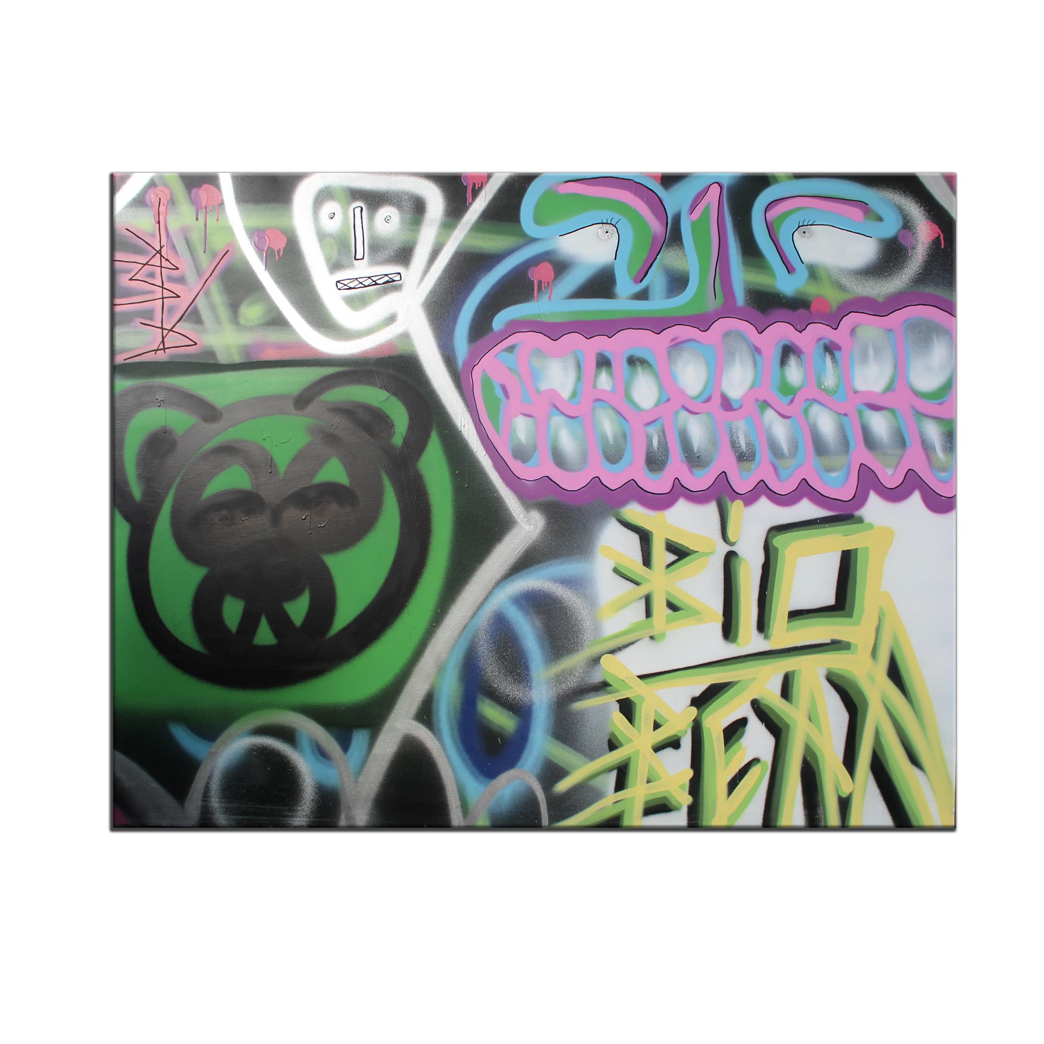 'Untitled XIII' Wrapped Canvas Original Painting features a bold, eccentric street art aesthetic saturated in vibrant tones of green, yellow, pink, purple, blue, silver, white, and black. Spray paint can in hand, Big Bear’s urban artistry is