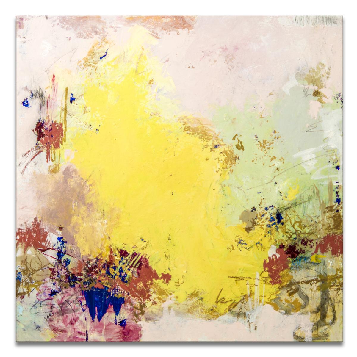‘Summer View' Wrapped Canvas Original Painting features a vibrant abstract aesthetic in tones of yellow, blush, beige, brown, taupe, blue, mauve, and green. Inspired by nature and Bible verse Samuel 1:11, Tammy Keller's positivity and light radiates