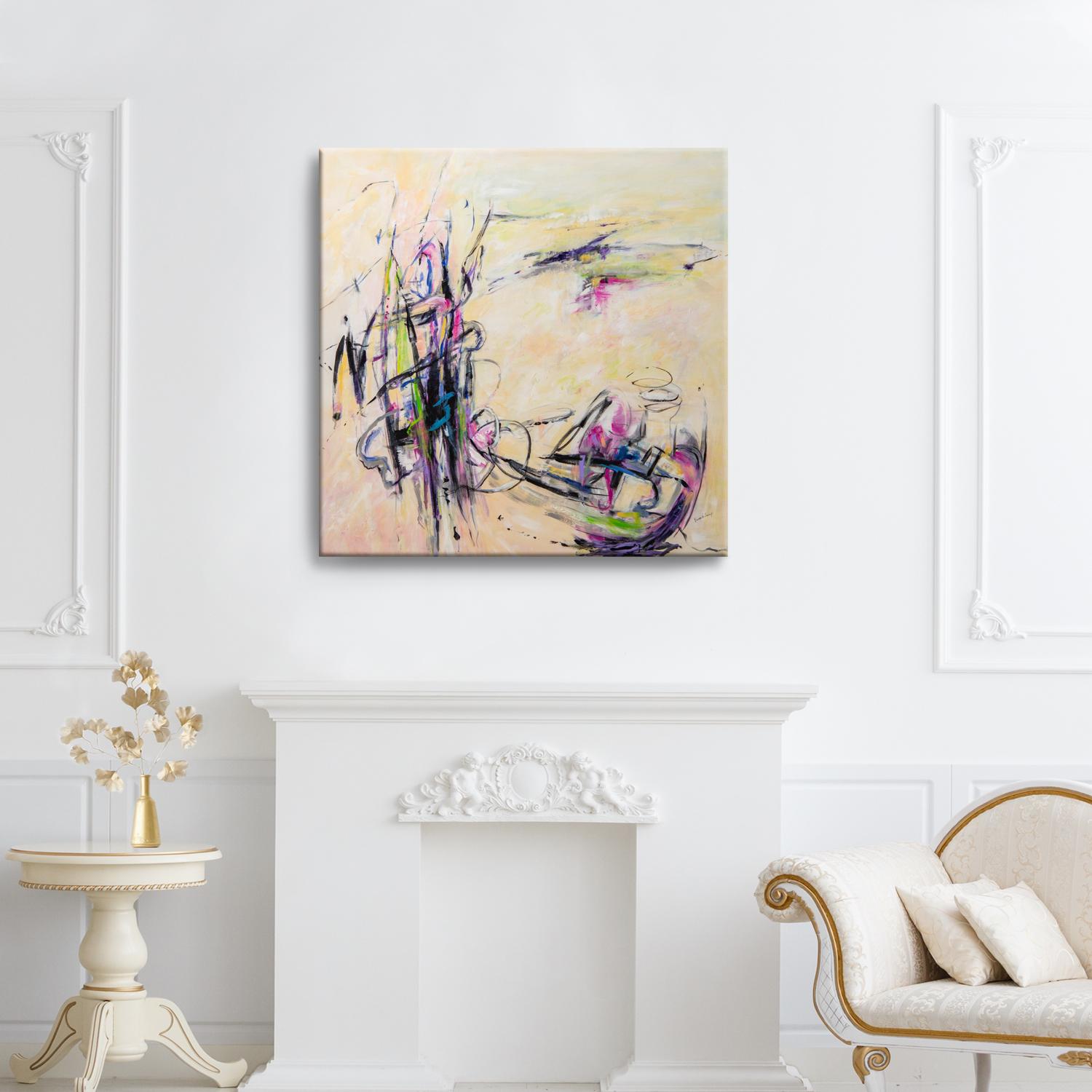 'Tie the Knot' Wrapped Canvas Original Painting features an energetic abstract aesthetic in vibrant tones of beige, purple, magenta, green, yellow, blue, blush, and, black. Modern divinity expressed on canvas, Karen H. Salup’s work exhibits a