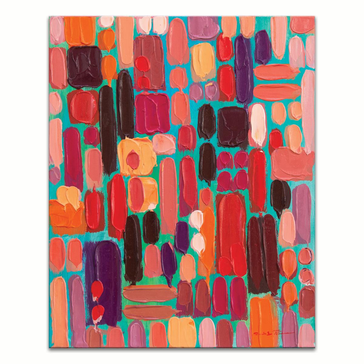 ‘Jewels' Wrapped Canvas Original Painting features a vibrant tropical abstract in vibrant tones of blush, coral, orange, fuchsia, purple, red, and brown. Inspired by the beauty surrounding her in tropical Florida, Sarah LaPierre utilizes her