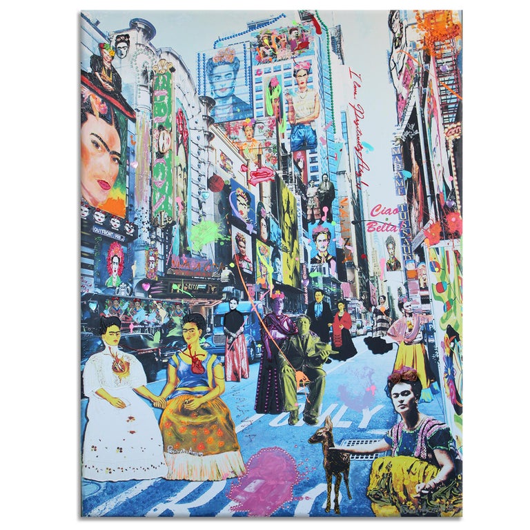 'Frida Kahlo' Wrapped Canvas Original Pop Art features a multicolored collage of Frida Kahlo images placed in New York City's Times Square in multicolored hues. Introspective and playful Italian artist, Arianna Tascione, utilizes an assortment of