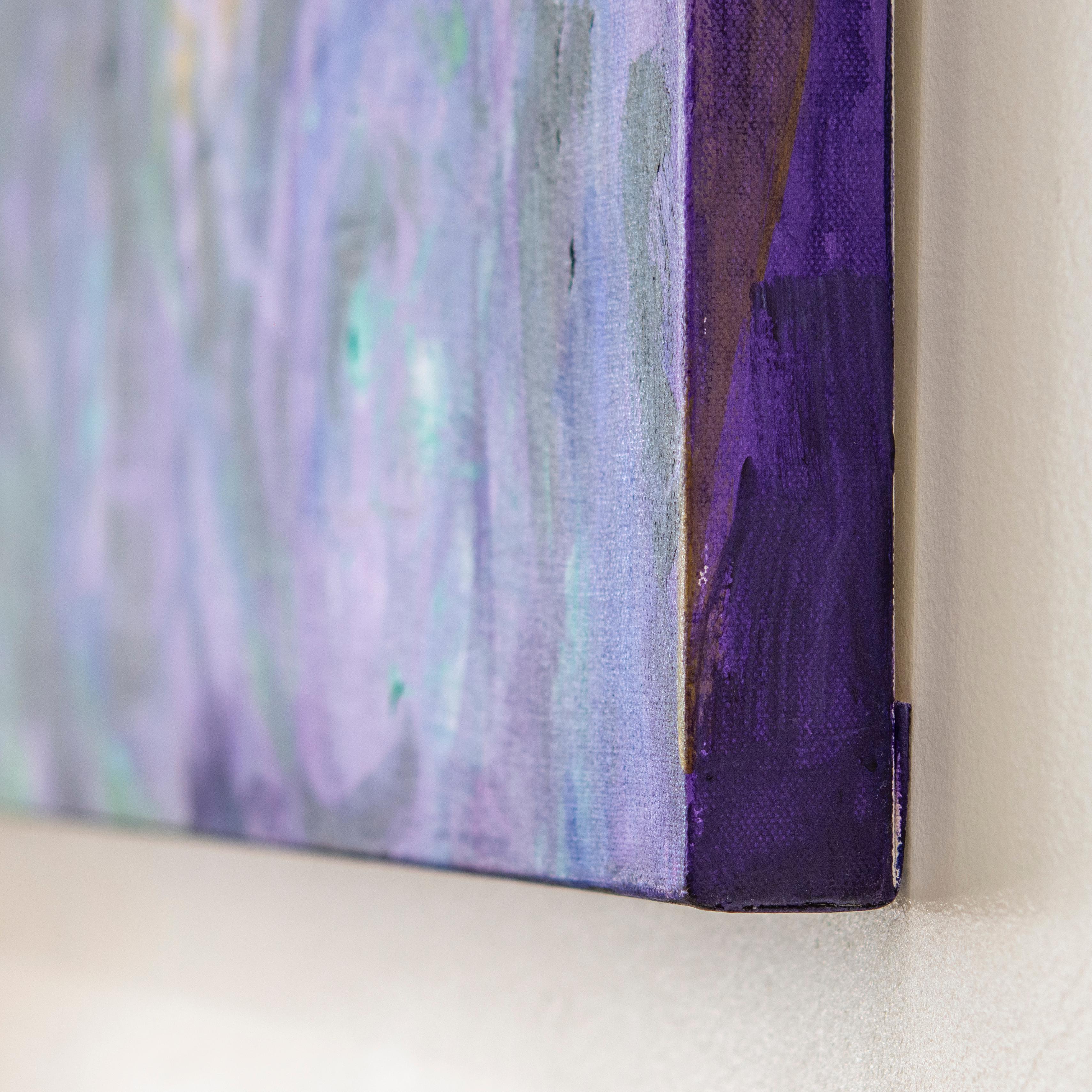 'Ode to Joan Mitchell' Wrapped Canvas Original Painting features an energetic abstract aesthetic in vibrant tones of purple, blue, green, yellow, and brown. Modern divinity expressed on canvas, Karen H. Salup’s work exhibits a multitude of textures