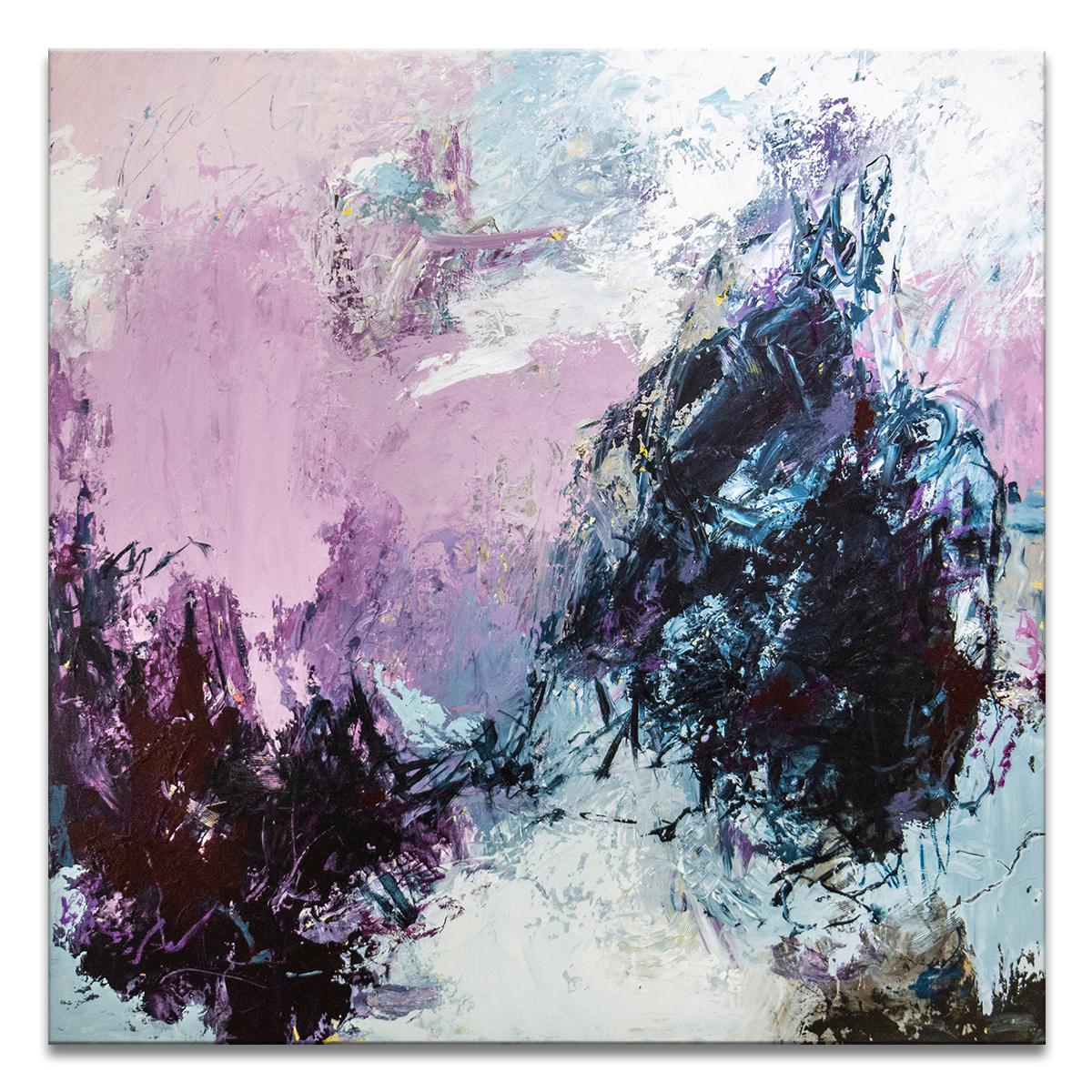 ‘Essence' Wrapped Canvas Original Painting features a vibrant abstract aesthetic in tones of purple, blush, blue, gray, eggplant, yellow, and brown. Inspired by nature and Bible verse Samuel 1:11, Tammy Staab’s positivity and light radiates through