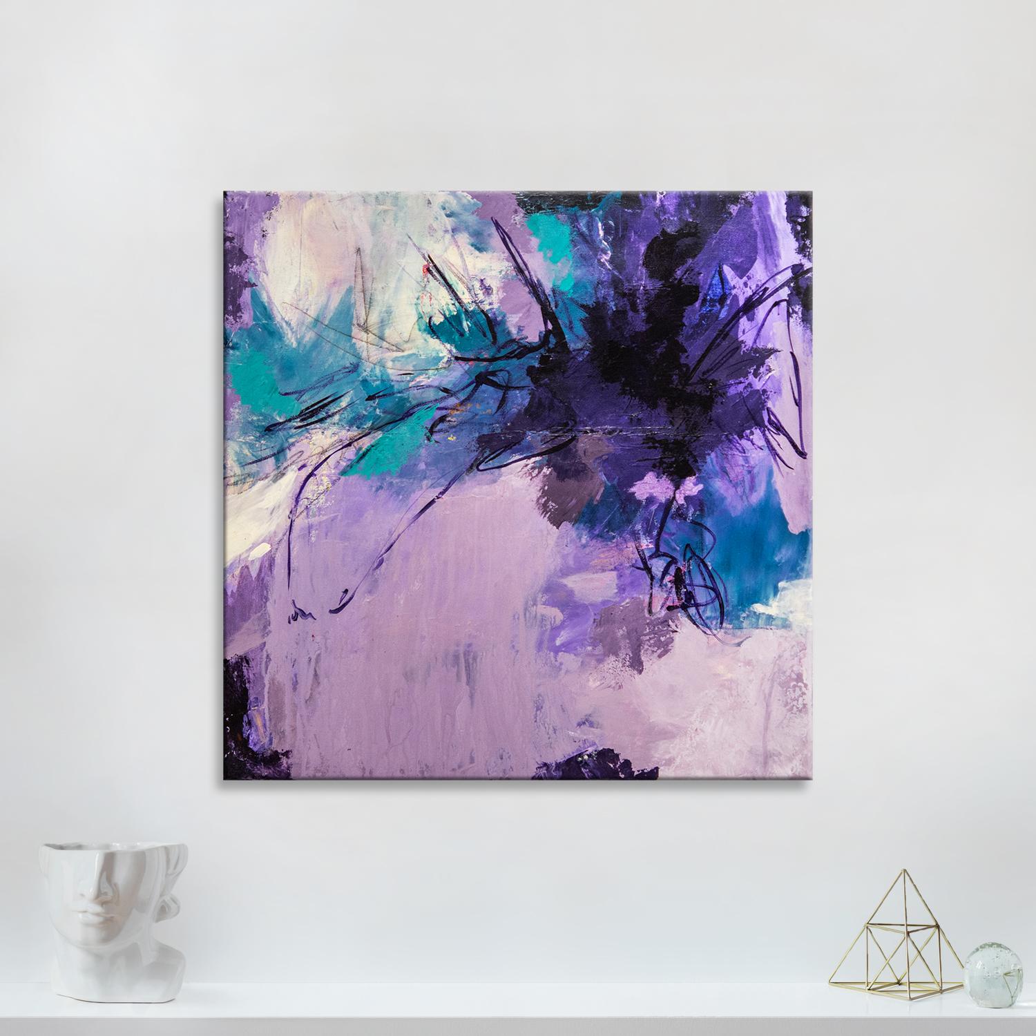 ‘Violet Splash' Wrapped Canvas Original Painting features a vibrant abstract aesthetic in tones of purple, blue, beige, turquoise and beige. Inspired by nature and Bible verse Samuel 1:11, Tammy Keller's positivity and light radiates through her