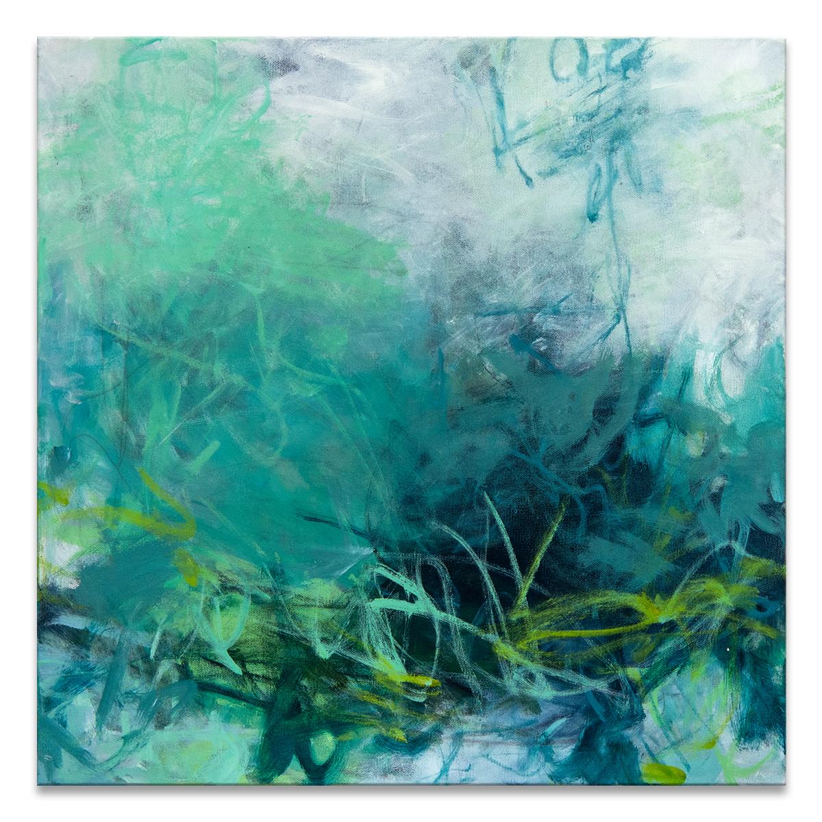 ‘Wading in the Shallows' Wrapped Canvas Original Painting features a vibrant abstract aesthetic in tones of green, teal, gray and yellow-green. Inspired by nature and Bible verse Samuel 1:11, Tammy Keller's positivity and light radiates through her