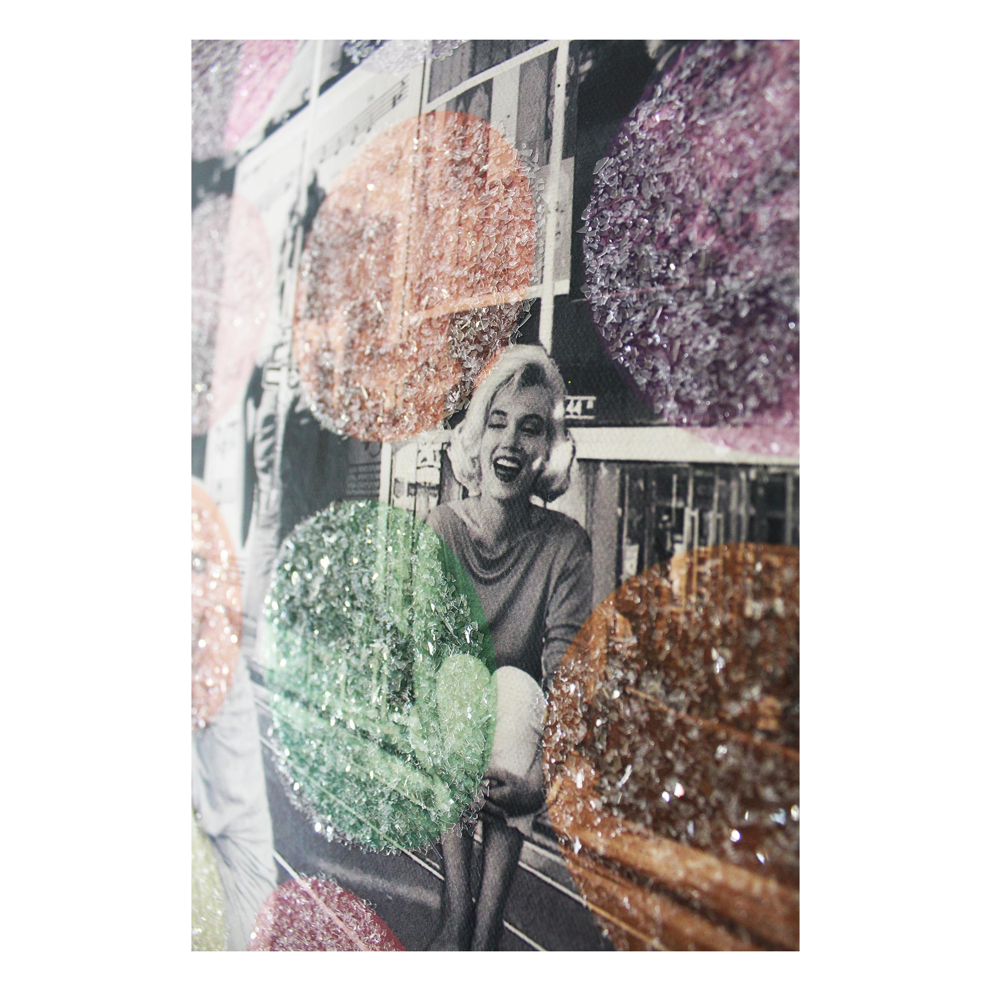 'Diamond Balls' Mixed Media Wrapped Canvas features a black and white cityscape with images of Marilyn Monroe and colorful glittered dots aligned across the complete artwork. A piece of The Marilyn Addiction collection, this original represents a
